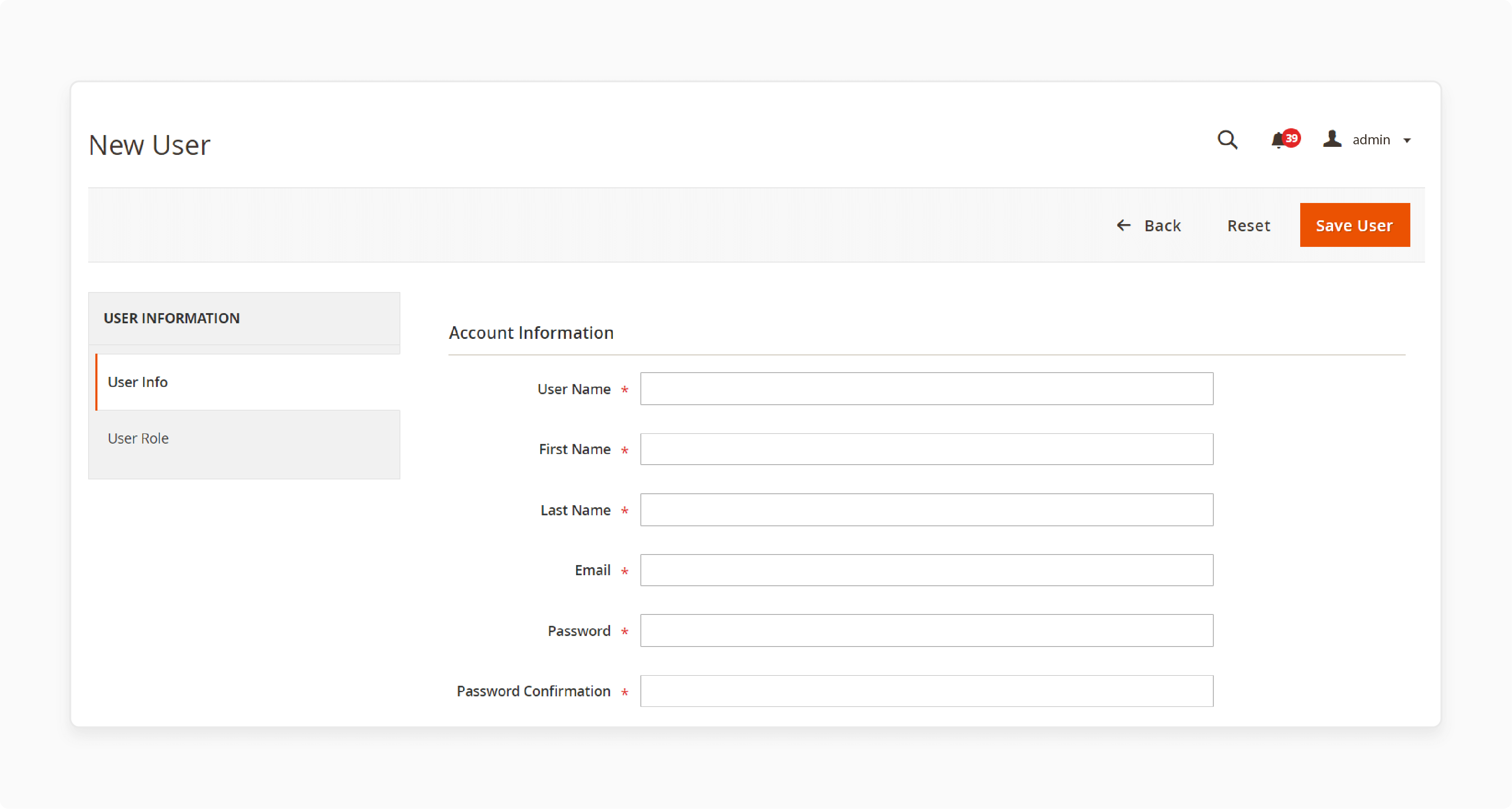 Final steps in creating and saving a new user role in Magento with appropriate permissions