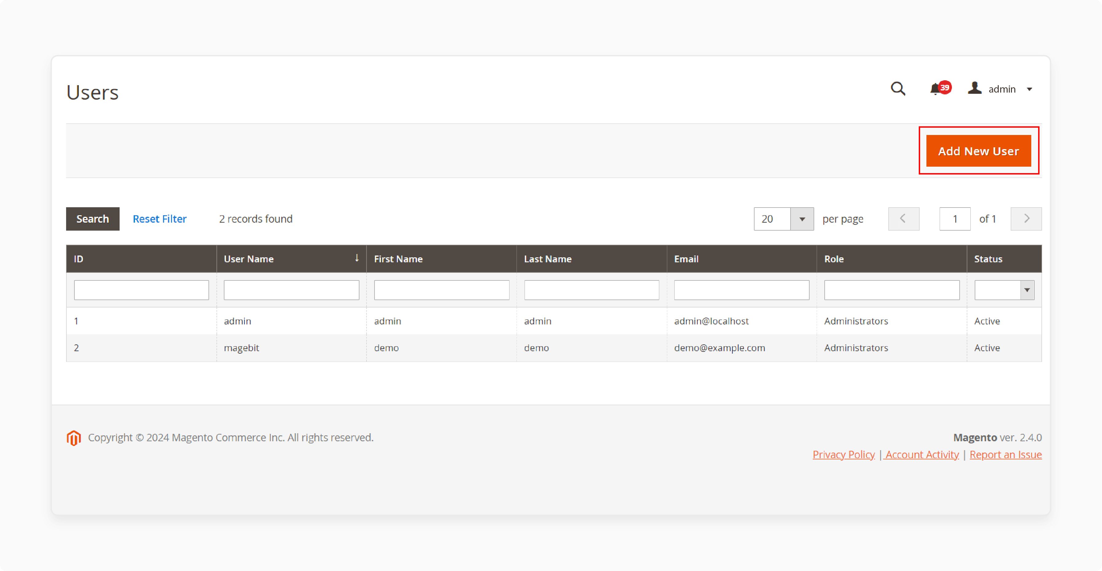 Instructions for setting permissions and access levels for a new user role in Magento