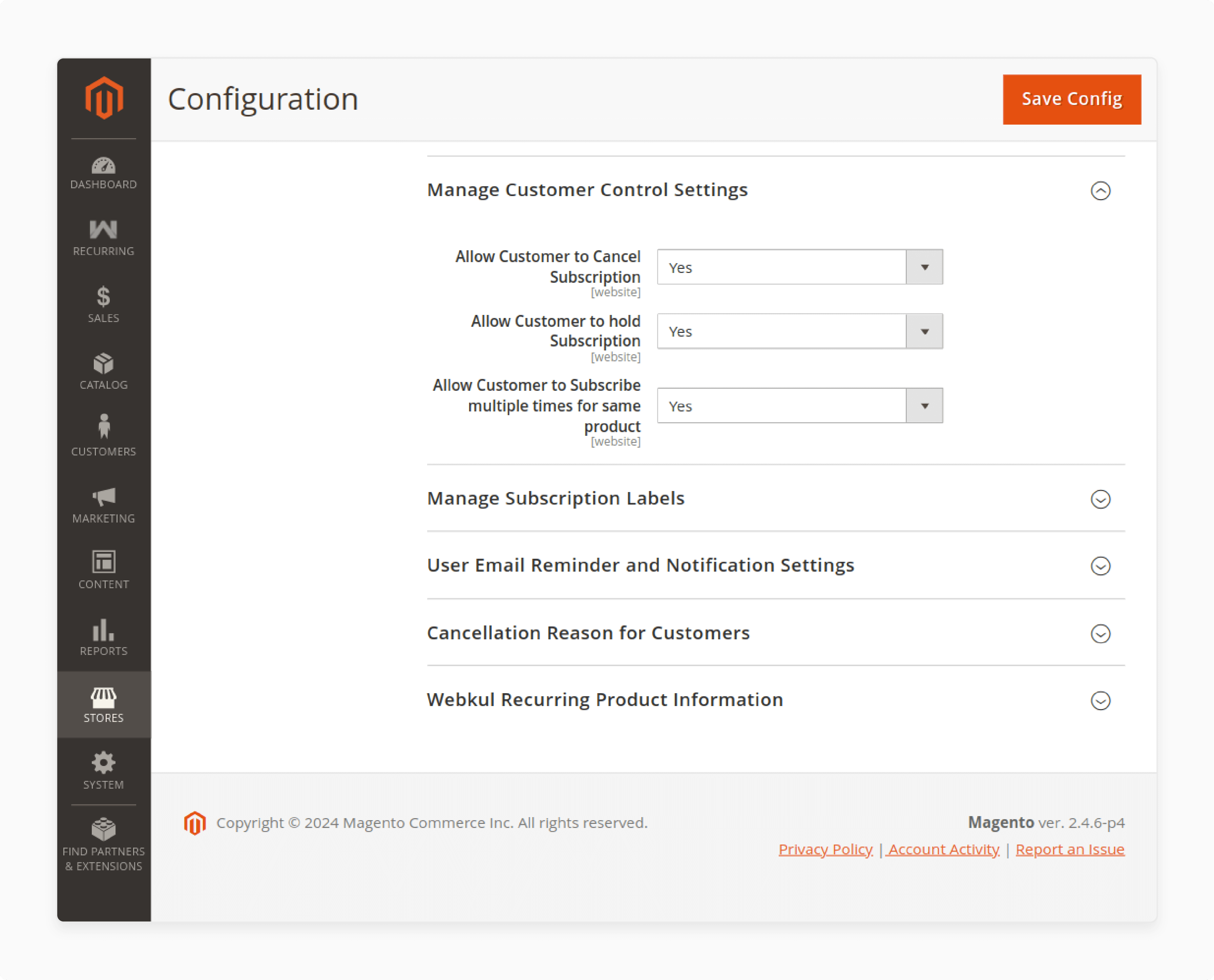 Editing customer control settings in Magento recurring payments extension