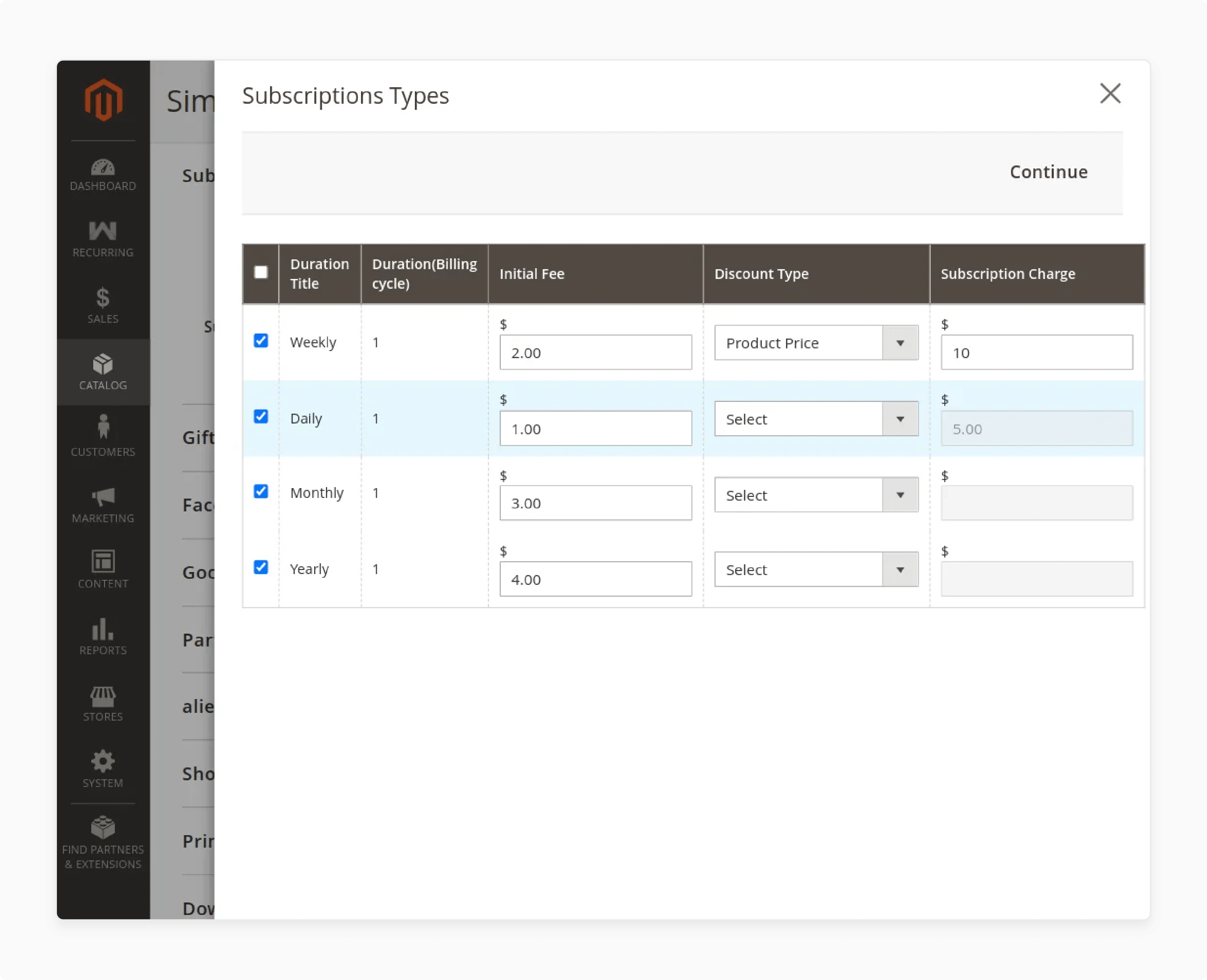 Choose a subscription type in Magento recurring payments extension