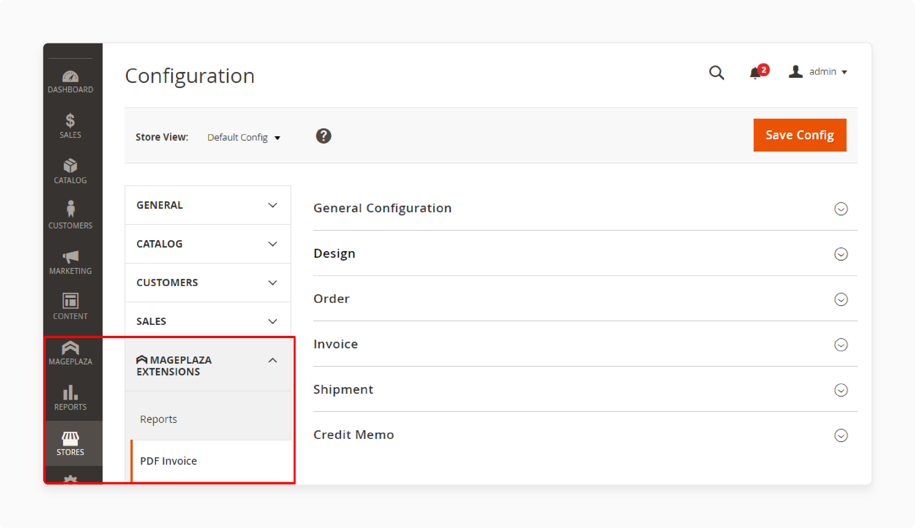 Navigating to Magento invoice extension settings