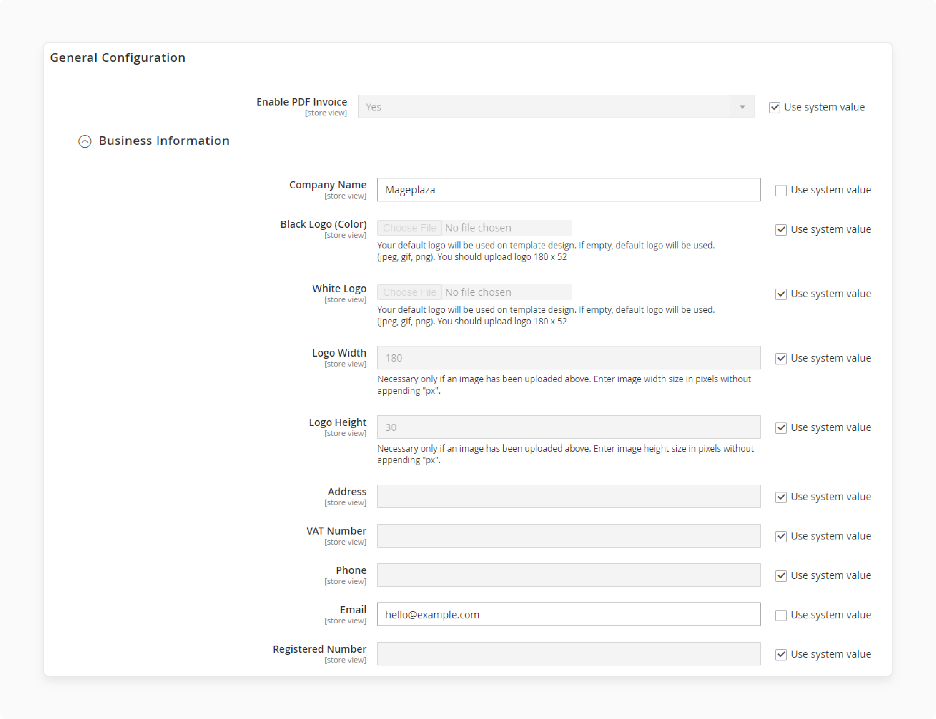 Enter business information for Magento invoice extension