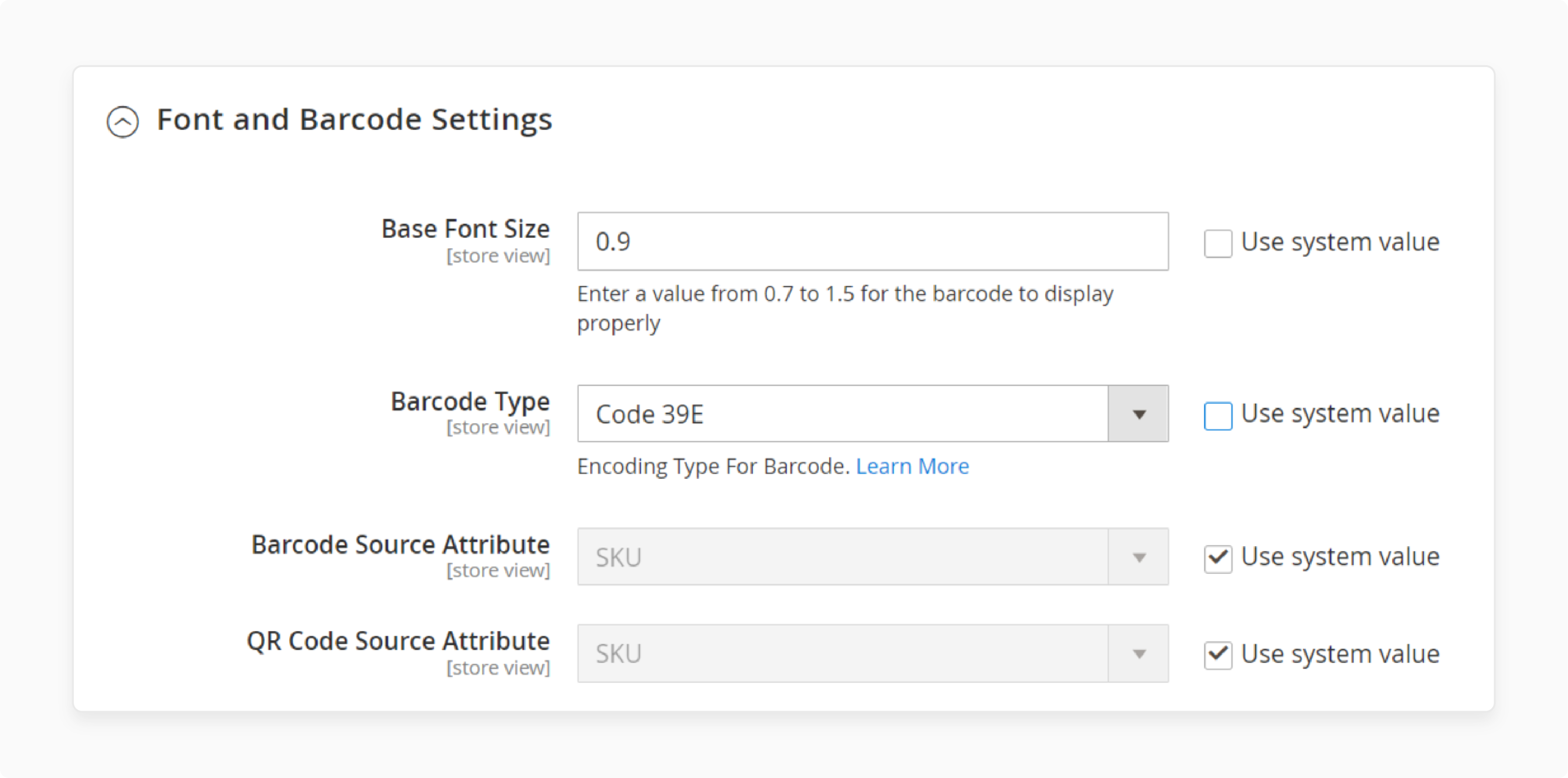 Enter the font and barcode details for Magento invoice extension