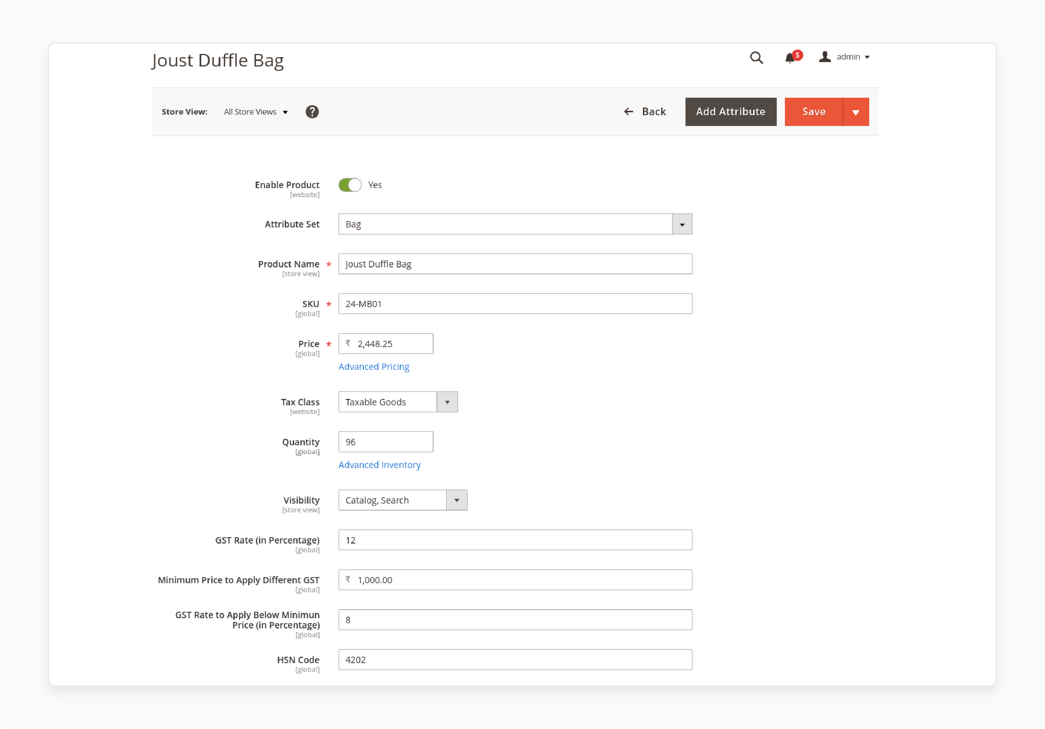 edit gst settings for products in GST extension for Magento 2