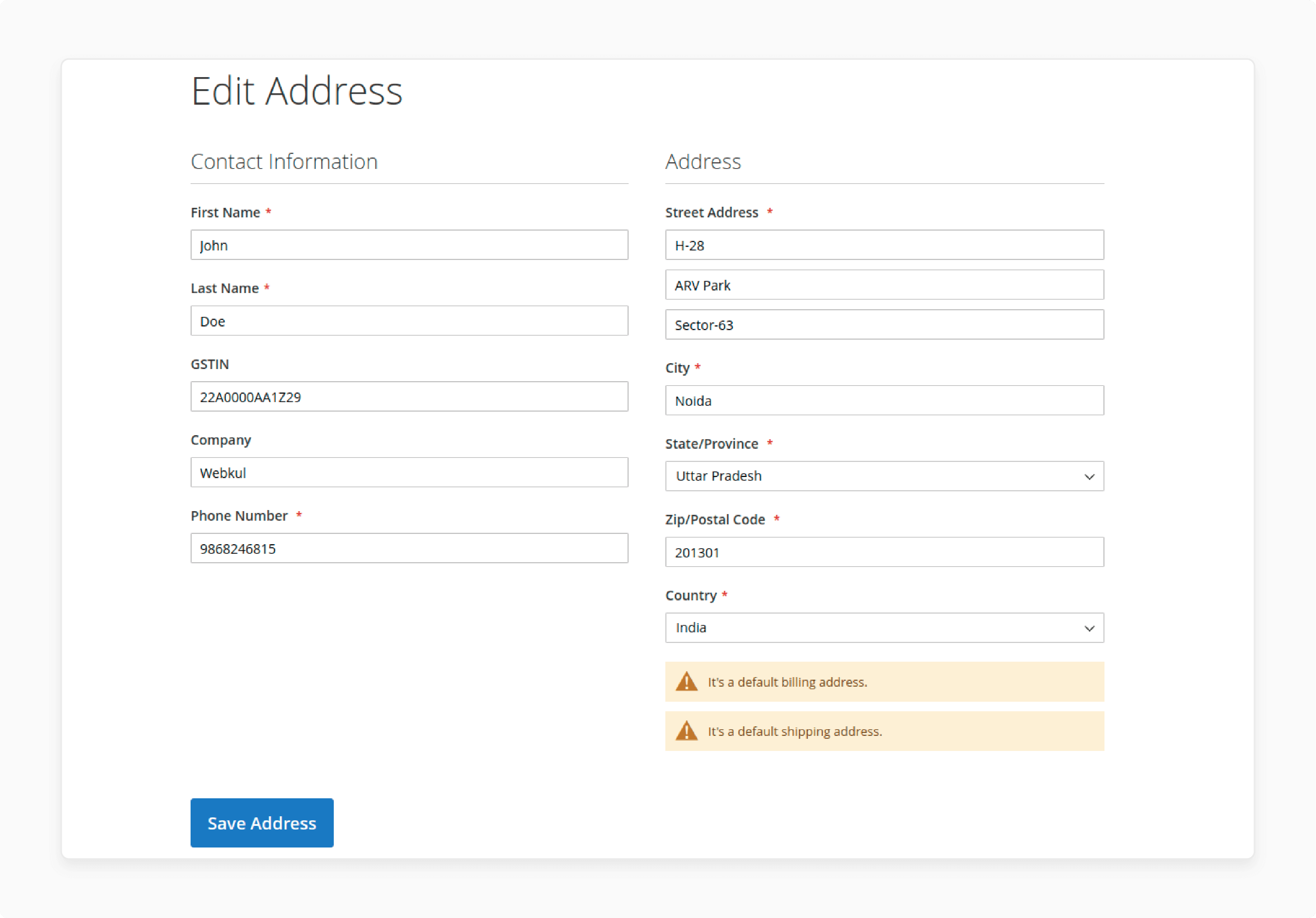 View edit address page changes of GST extension for Magento 2