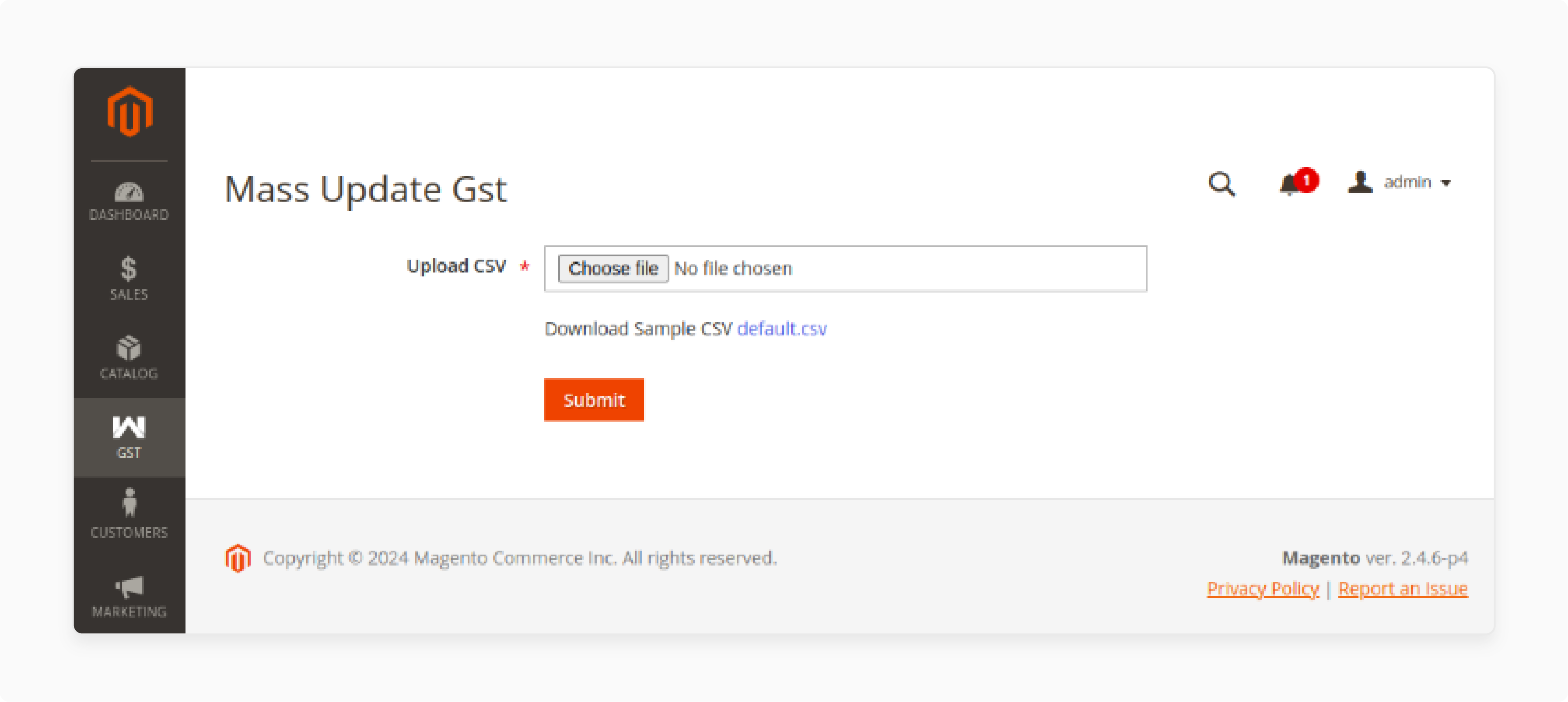 Mass product upload using GST extension for Magento 2