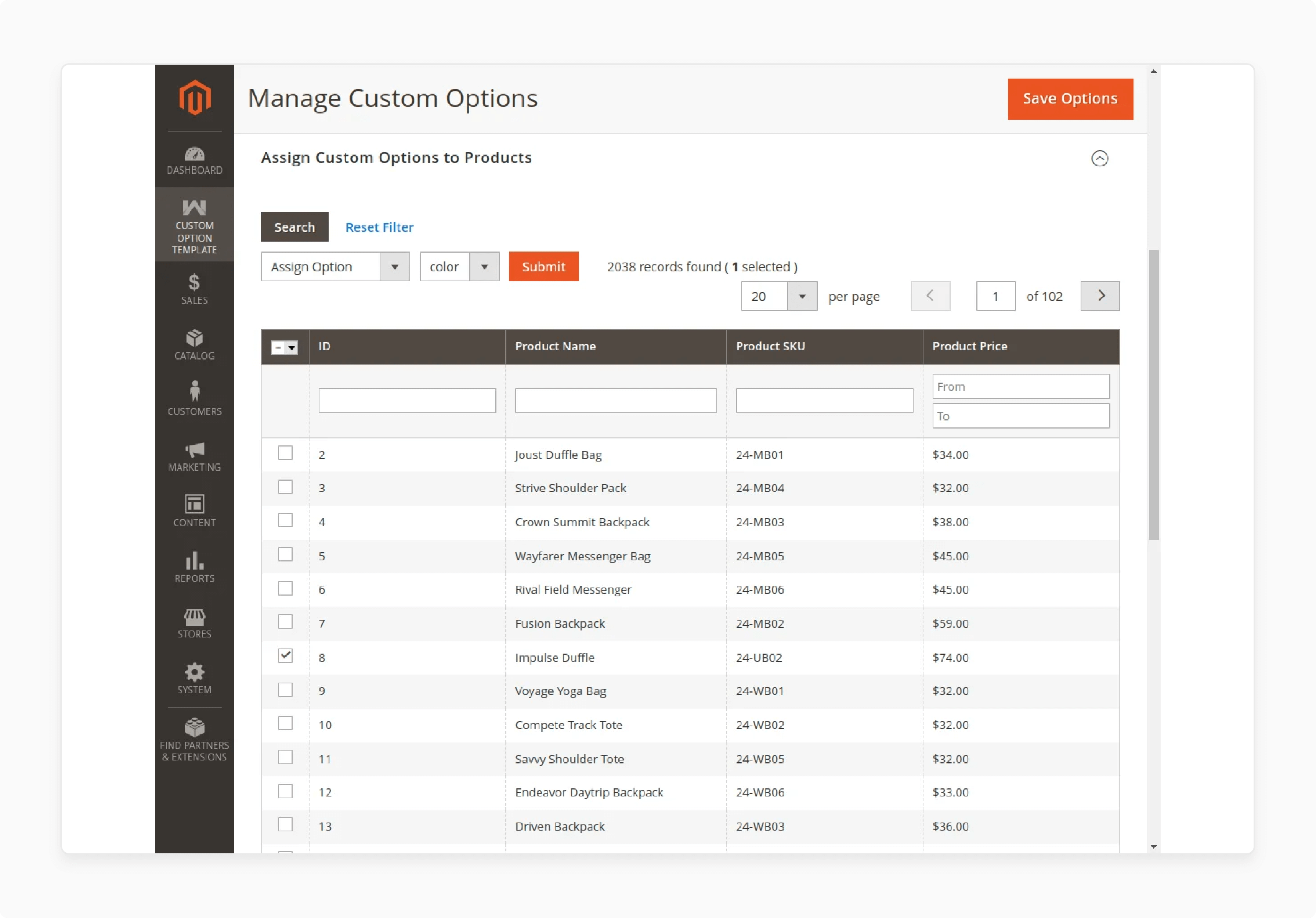 Choosing products to assign custom options in Magento 2