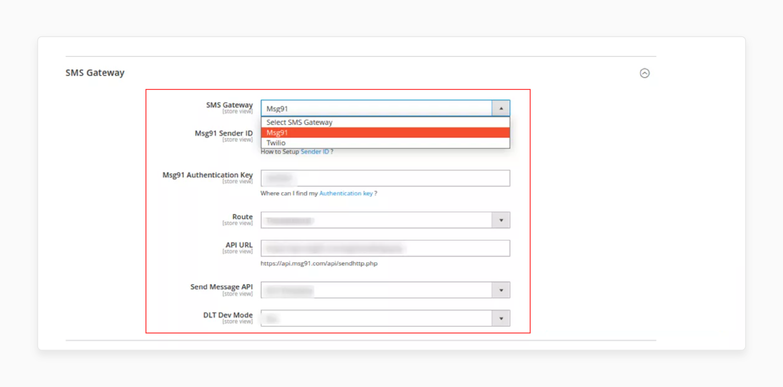 SMS gate way settings in the mobile otp login magento 2 extension