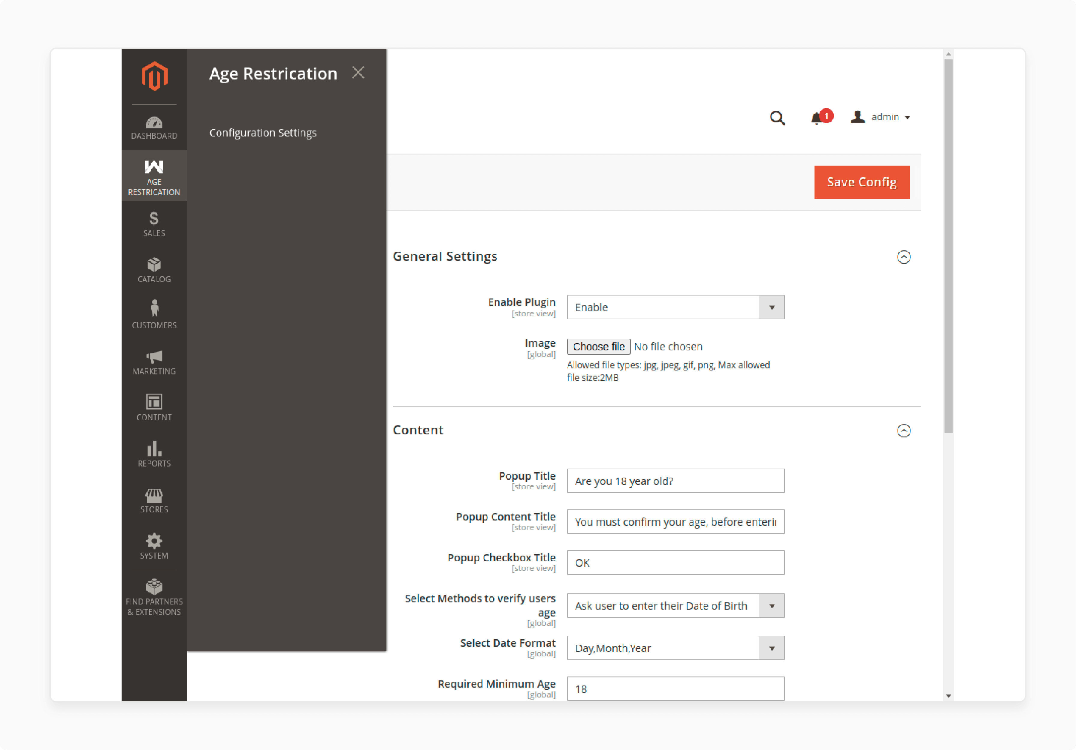 Configuration Settings of Magento 2 Age Verification Extension