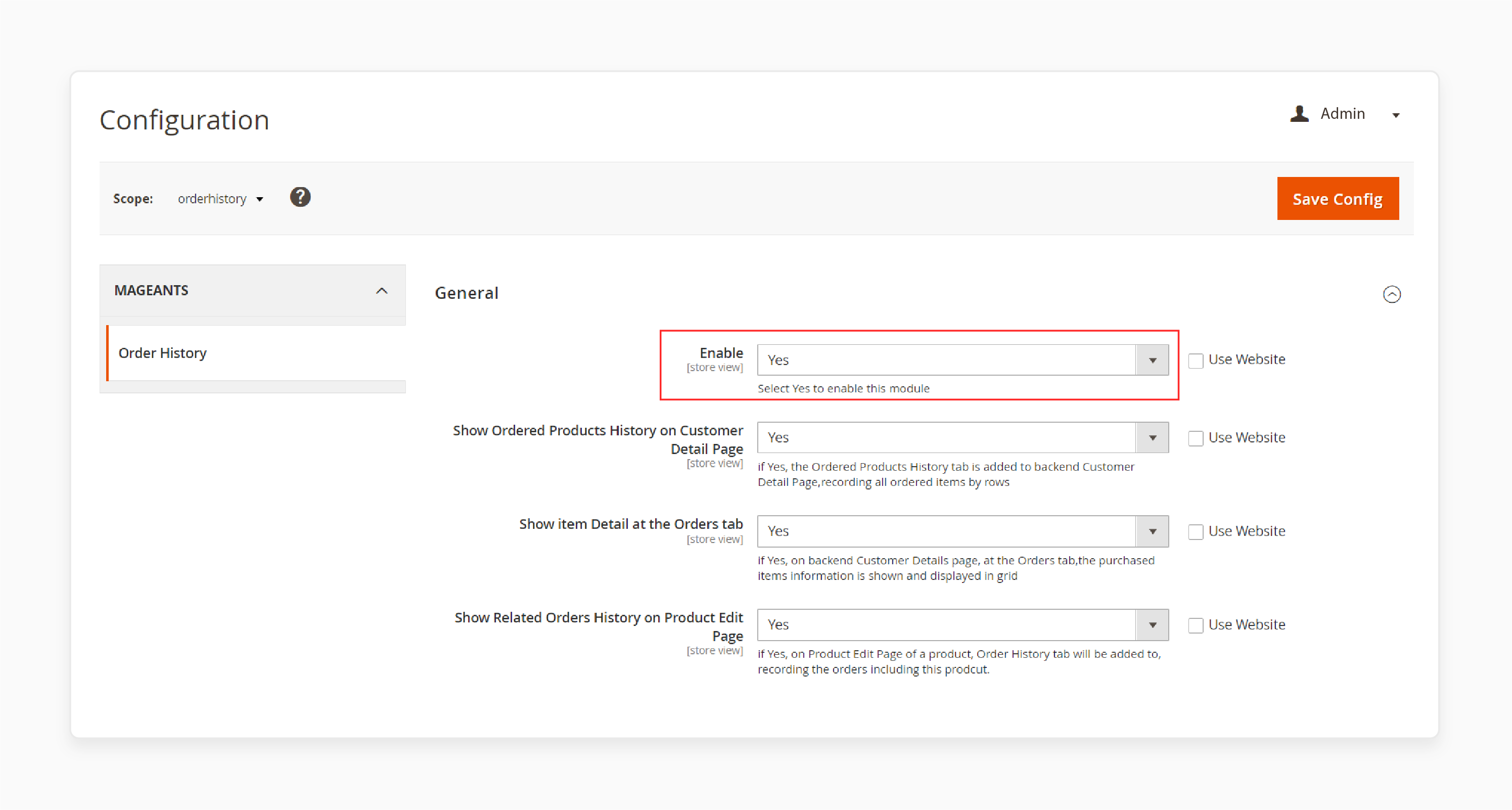 Enabling the Magento 2 Order History Extension in admin panel