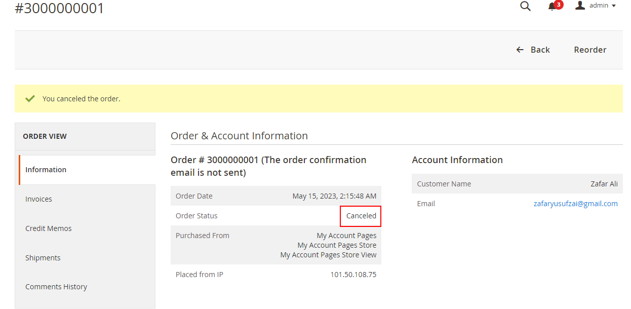 Magento 2 Admin Panel Showing Canceled Order Status