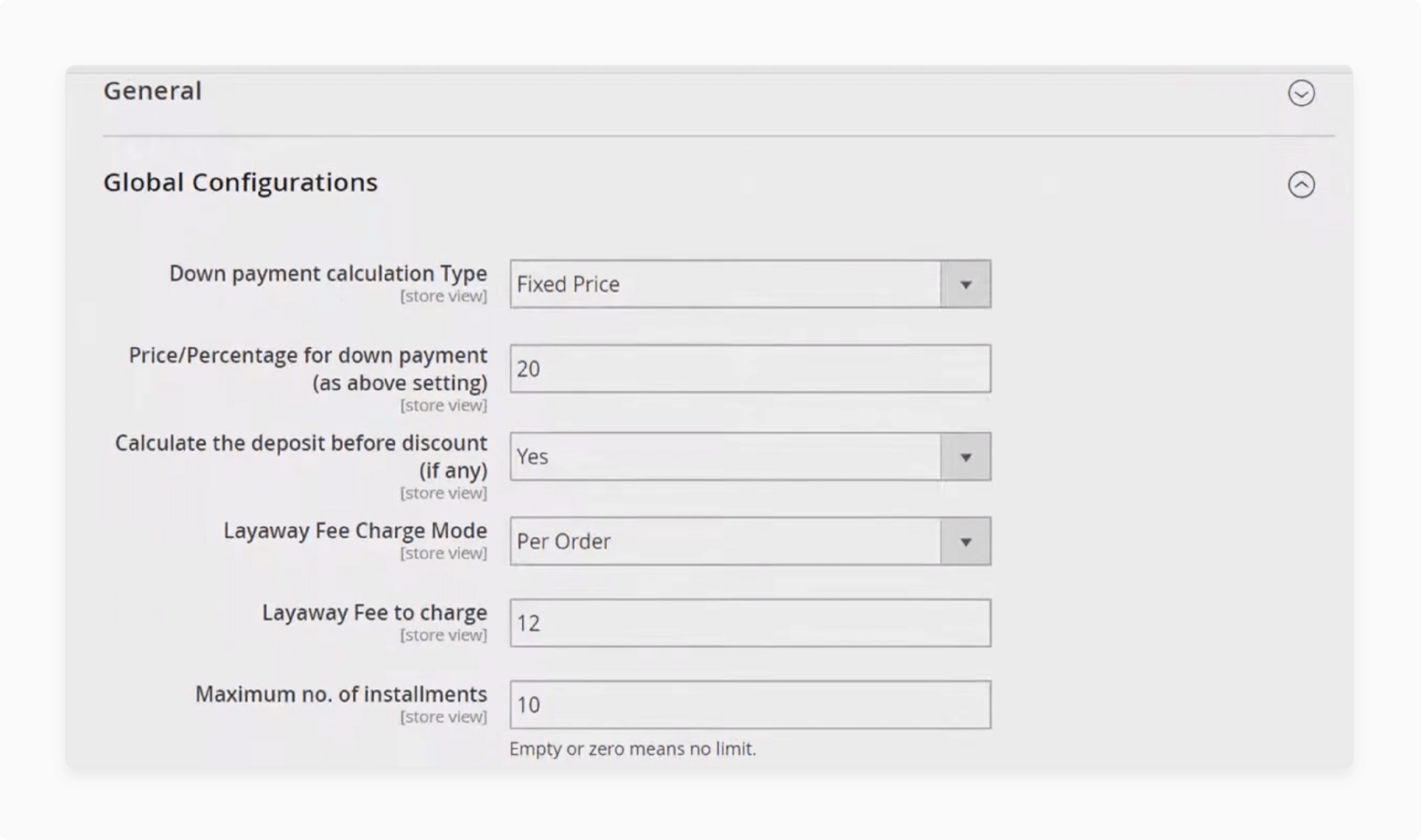 global configuration settings for Magento 2 layaway extension