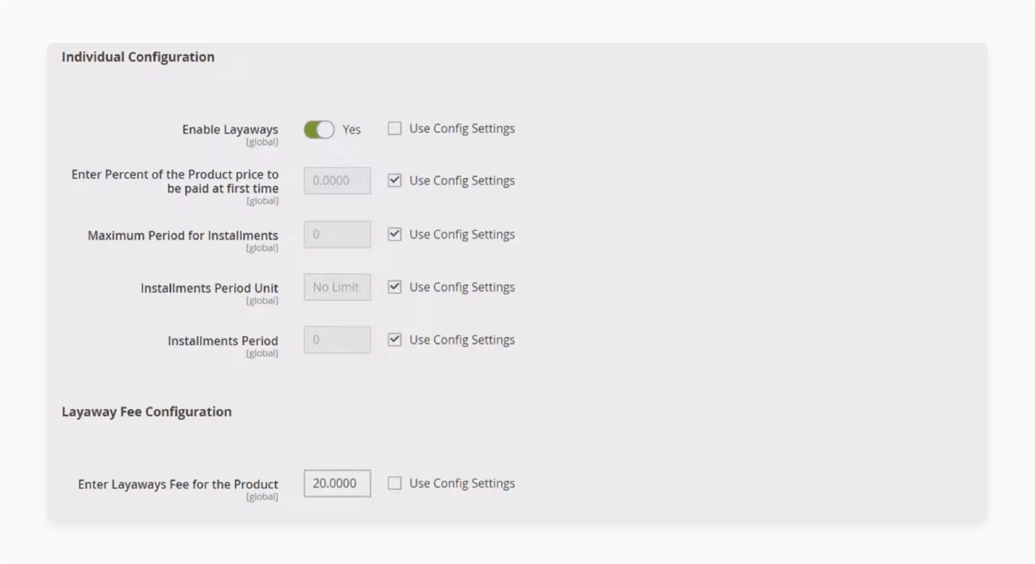 magento 2 individual and layaway fee configuration settings