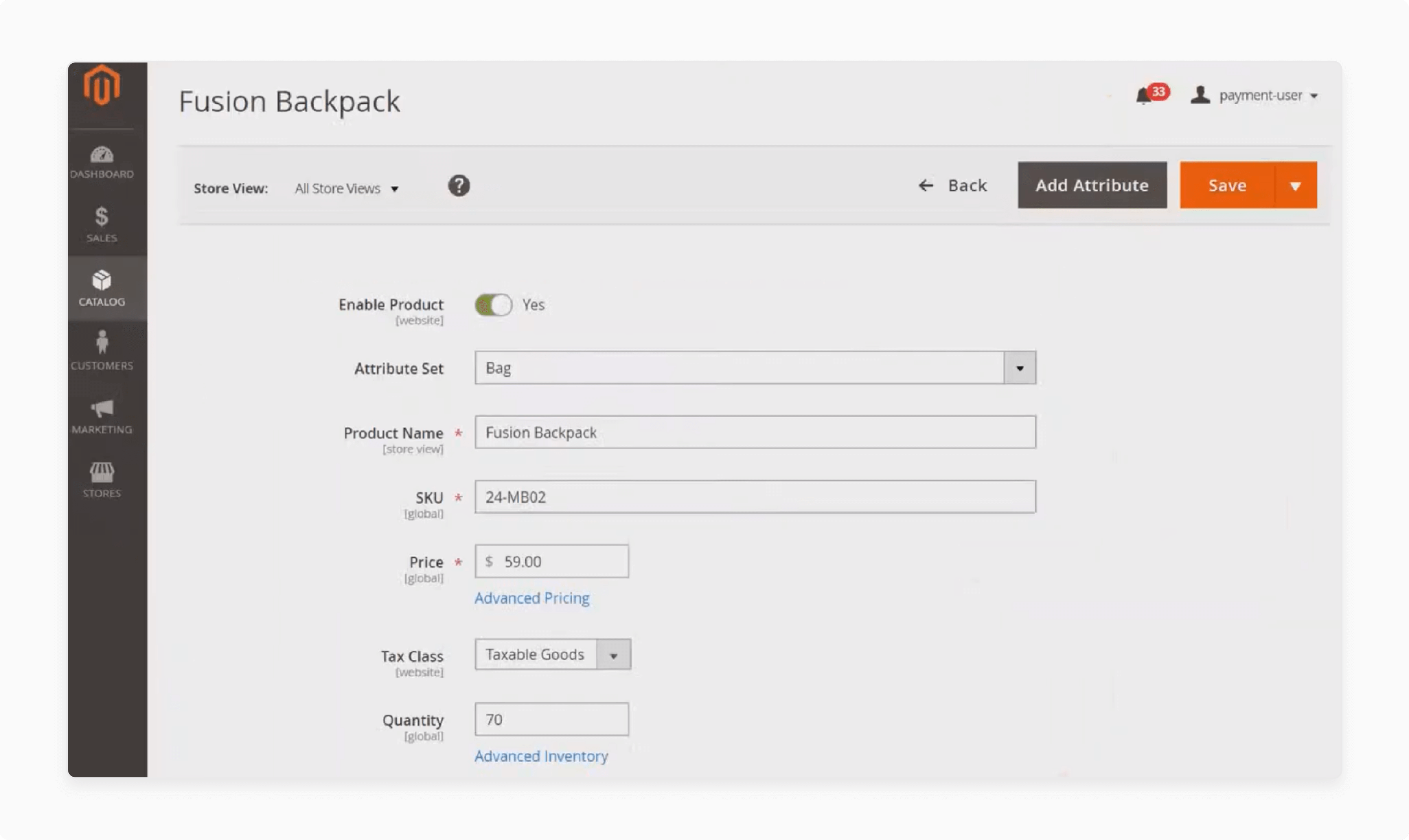 navigating to fusion backpack settings under catalog