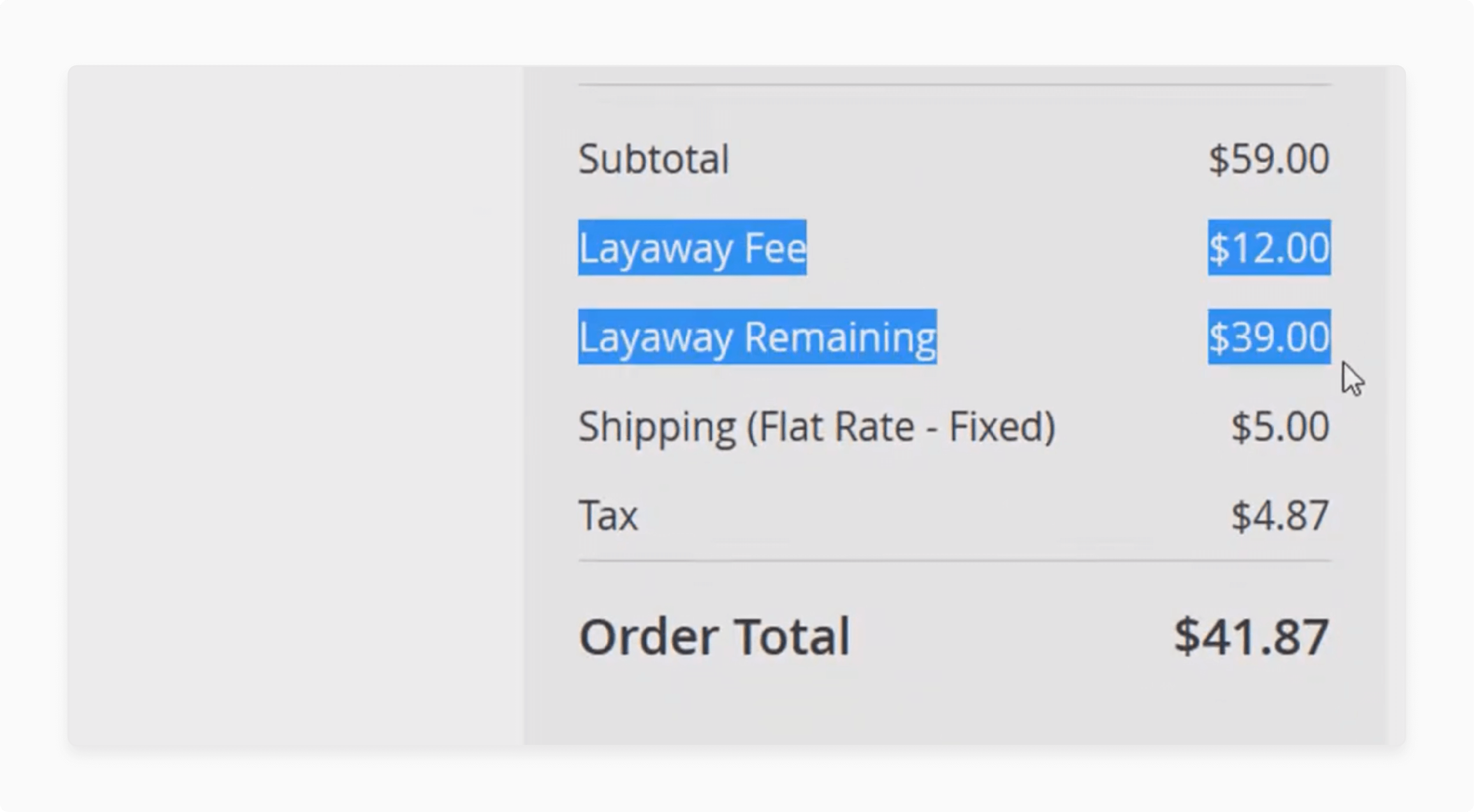 layaway fee &amp; layaway remaining for shipping