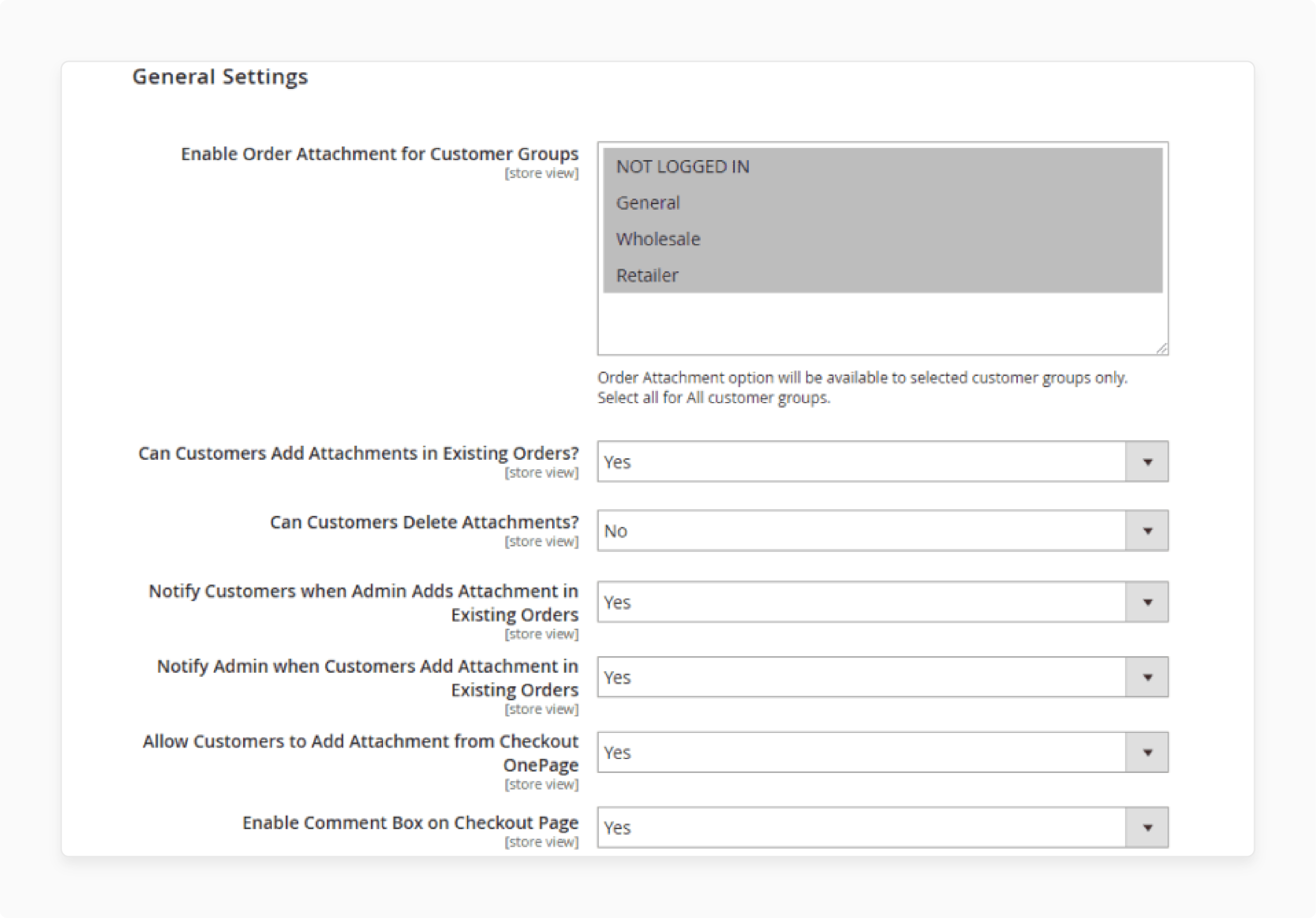 Magento 2 Order Attachment Extension settings configuration