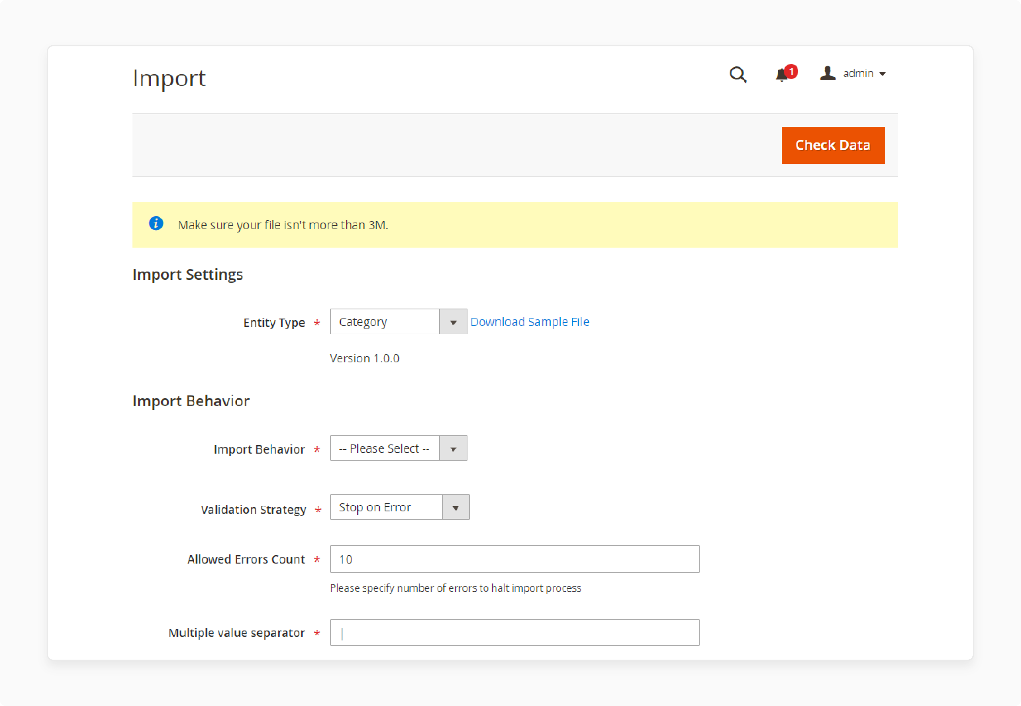 Configuring import settings of Magento 2 Category Import Export Extension