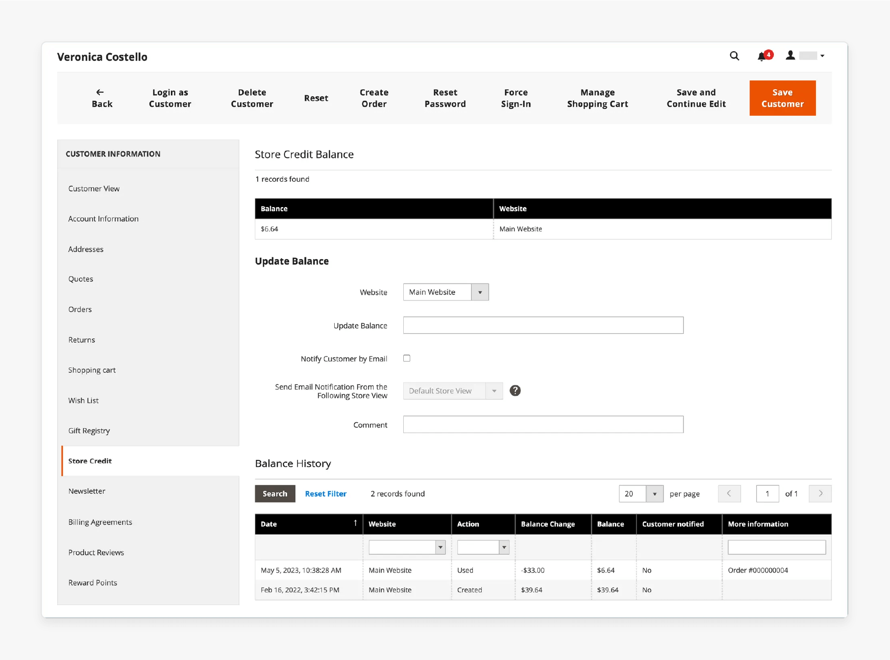 view and update customer store credit balances in Magento 2