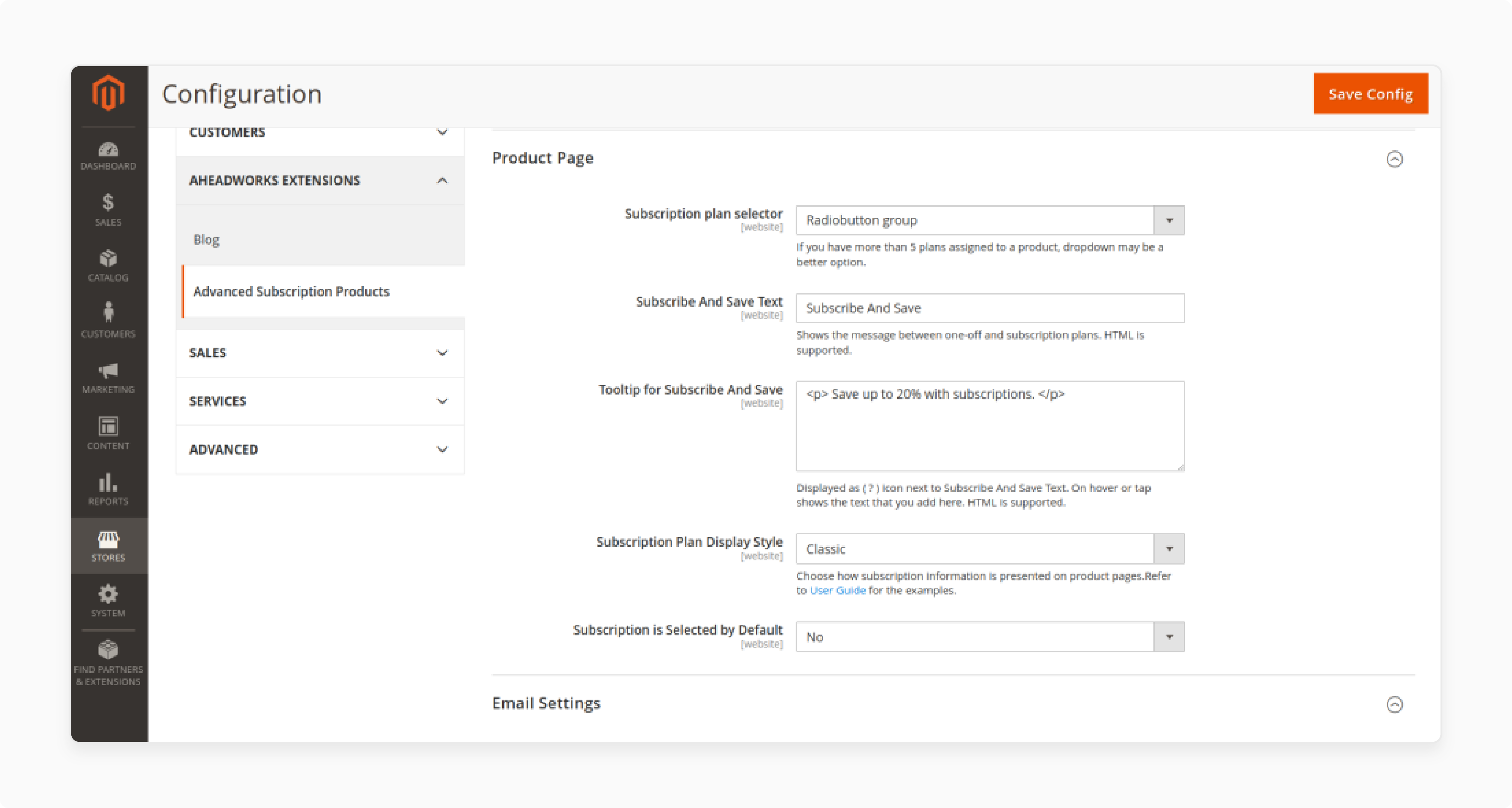 Configuring product page settings in the Magento 2 subscription reports extension