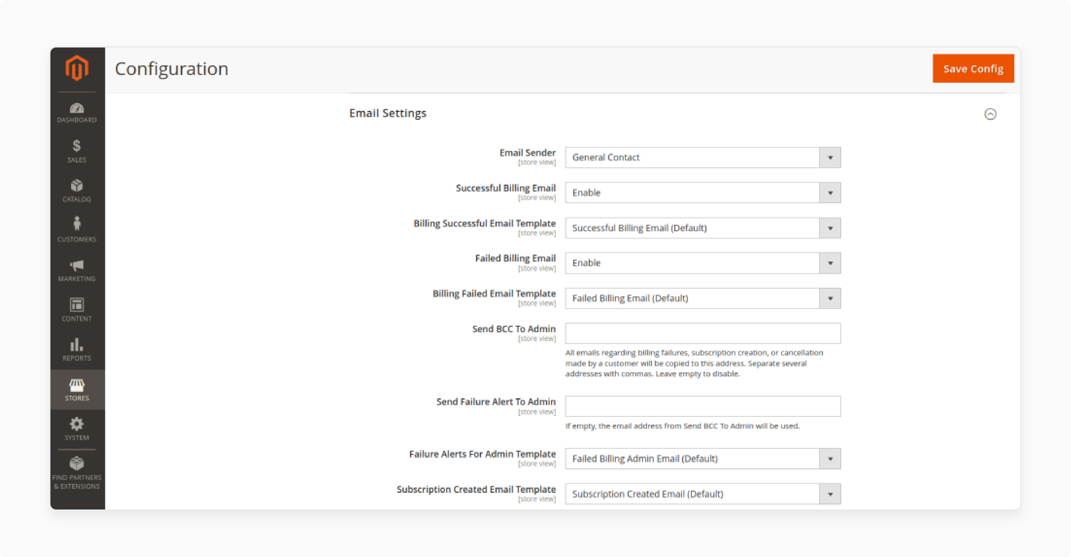 Changing general email settings in the Magento 2 subscription reports extension