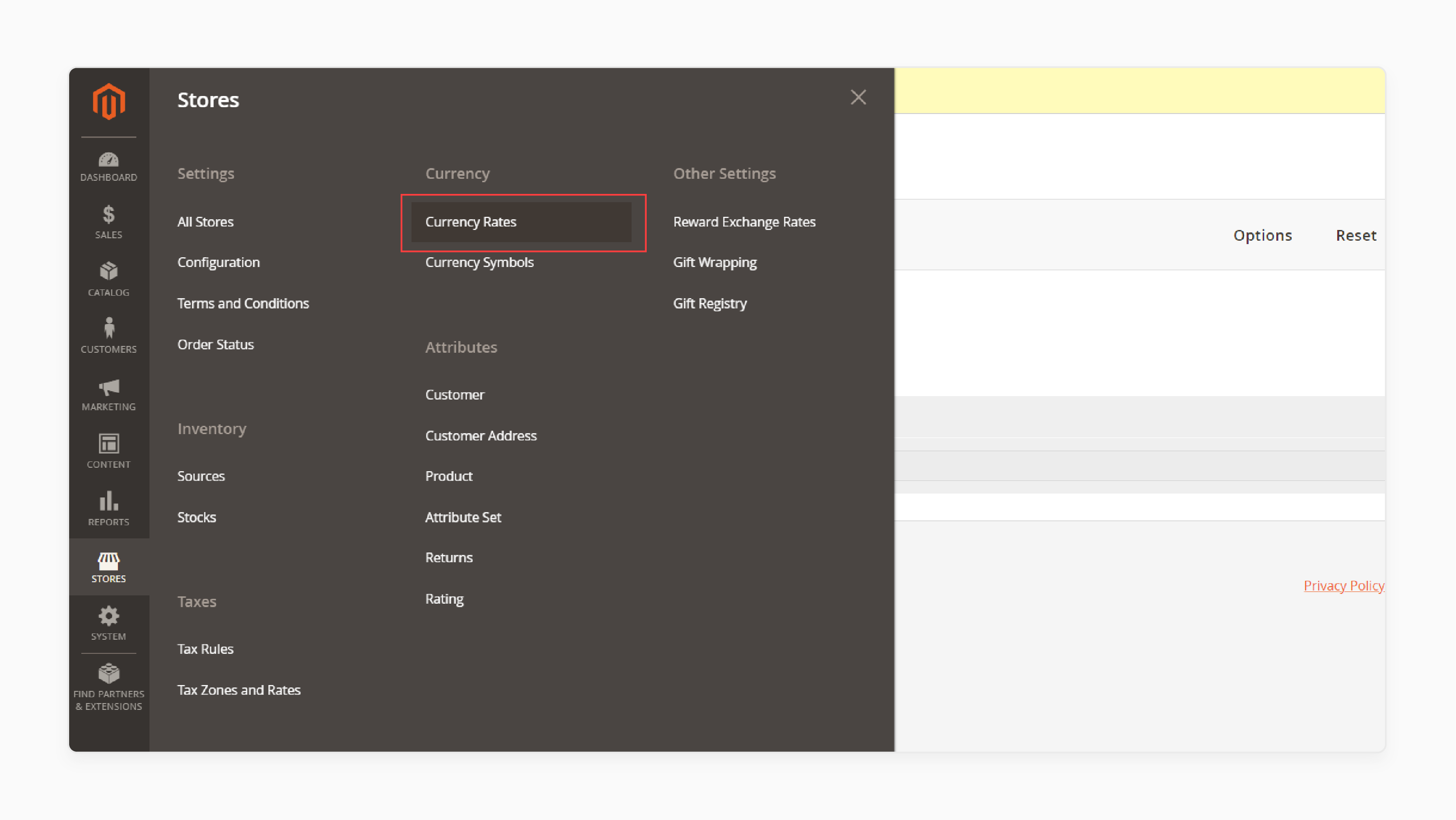 Navigate to Currency rates in the Magento 2 multicurrency extension