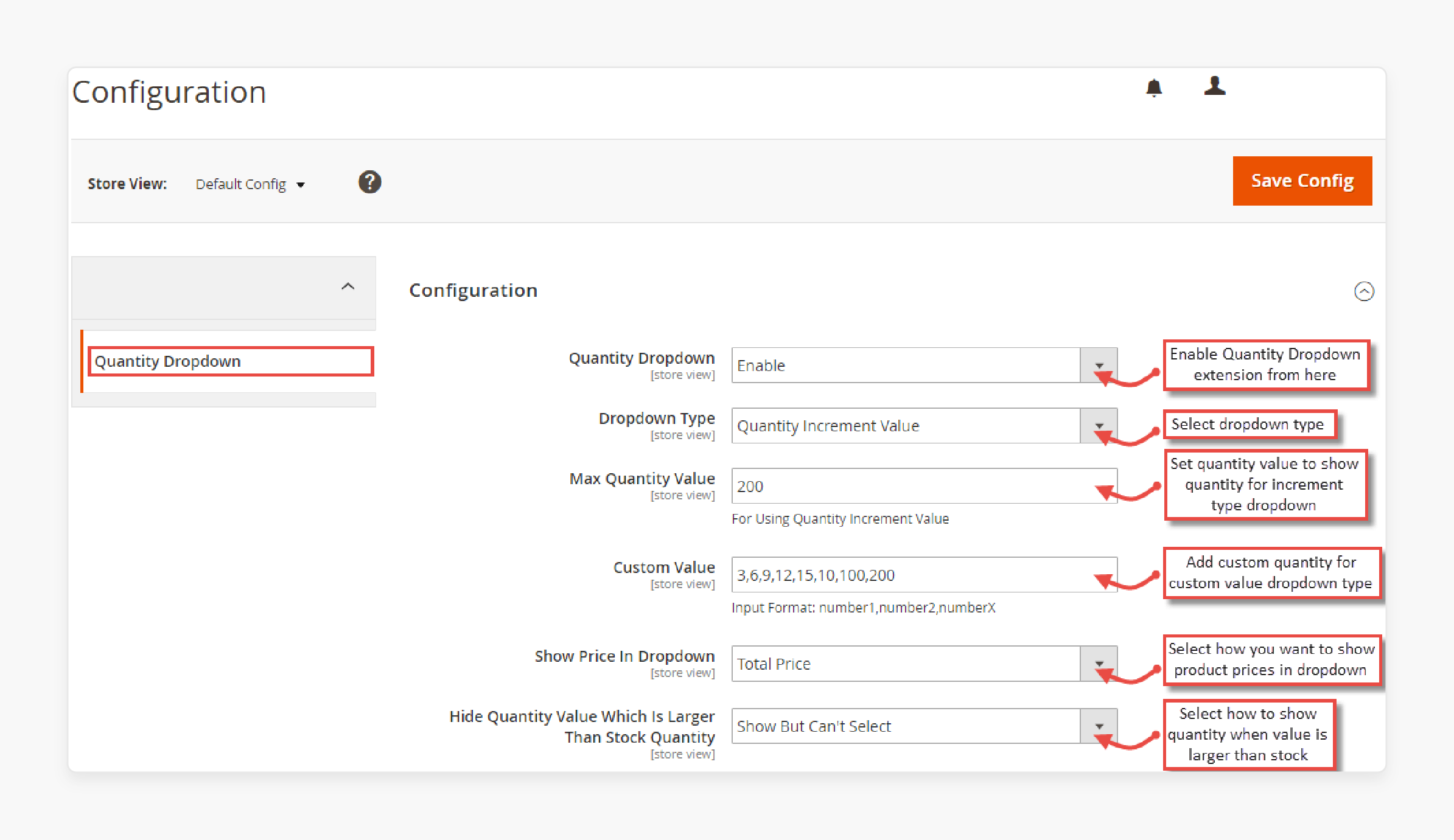 Change the settings in the Magento 2 Quantity Dropdown Extensions