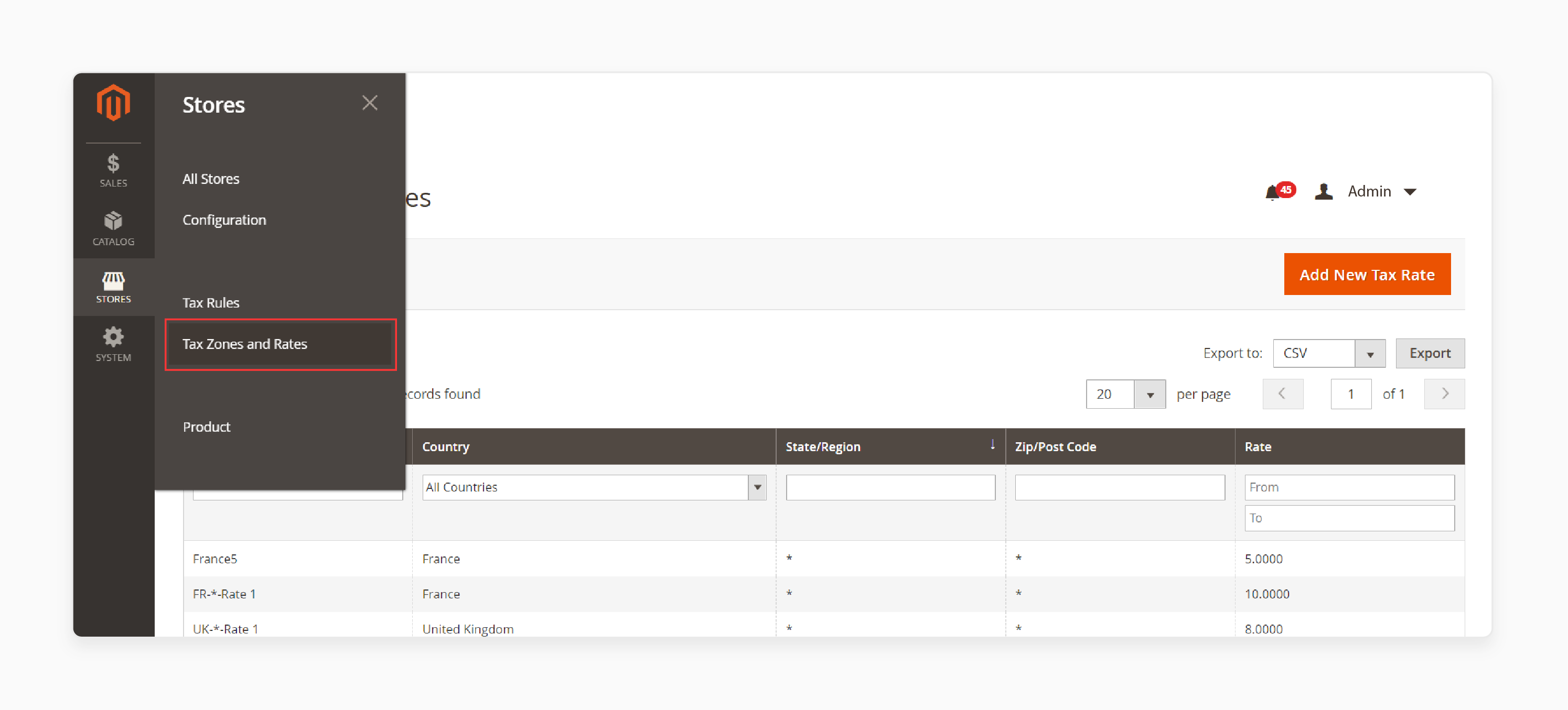 Navigating to Tax Zones and Rates in Magento 2