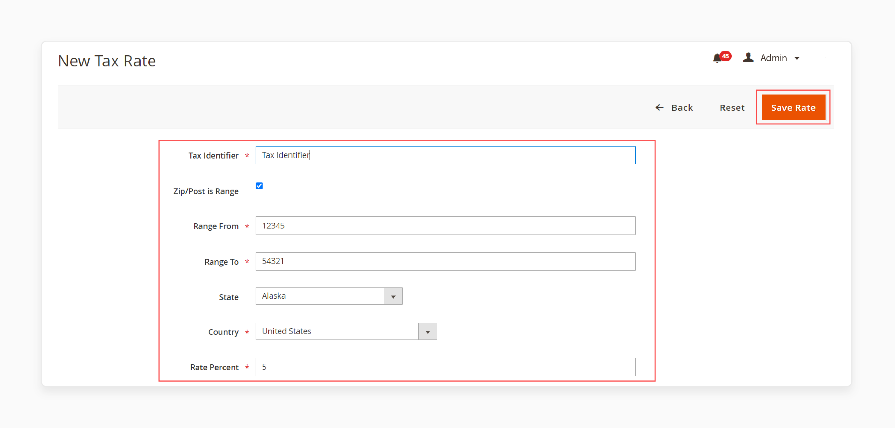 Configuring and saving new tax rate in Magento 2