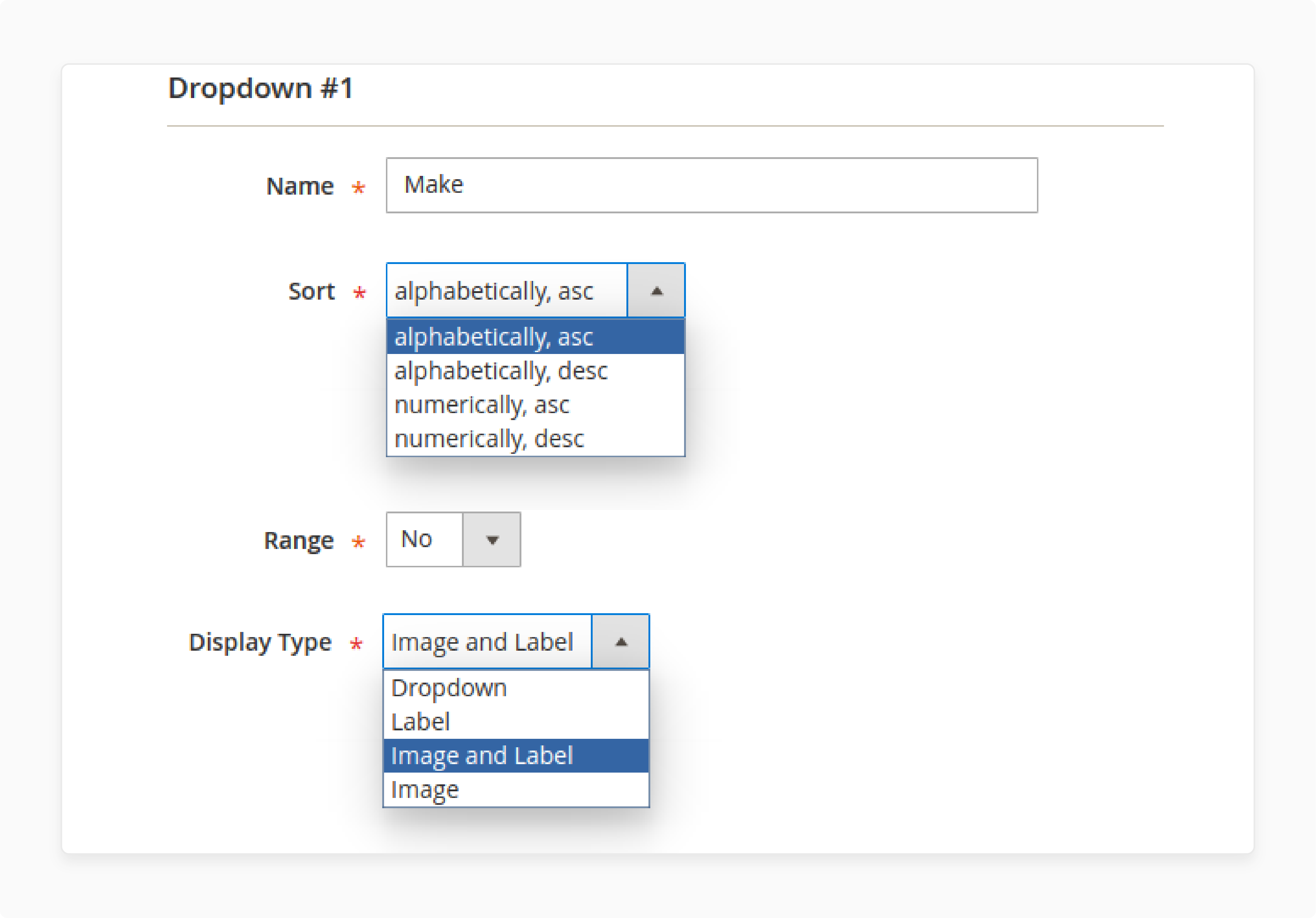 Setting up dropdown options for Magento Product Parts Finder with name and display type