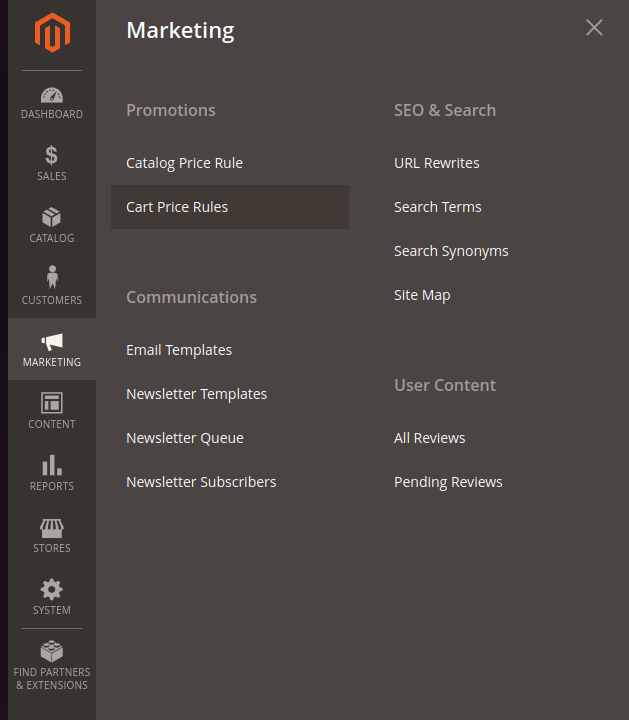 Magento admin menu marketing cart price rules