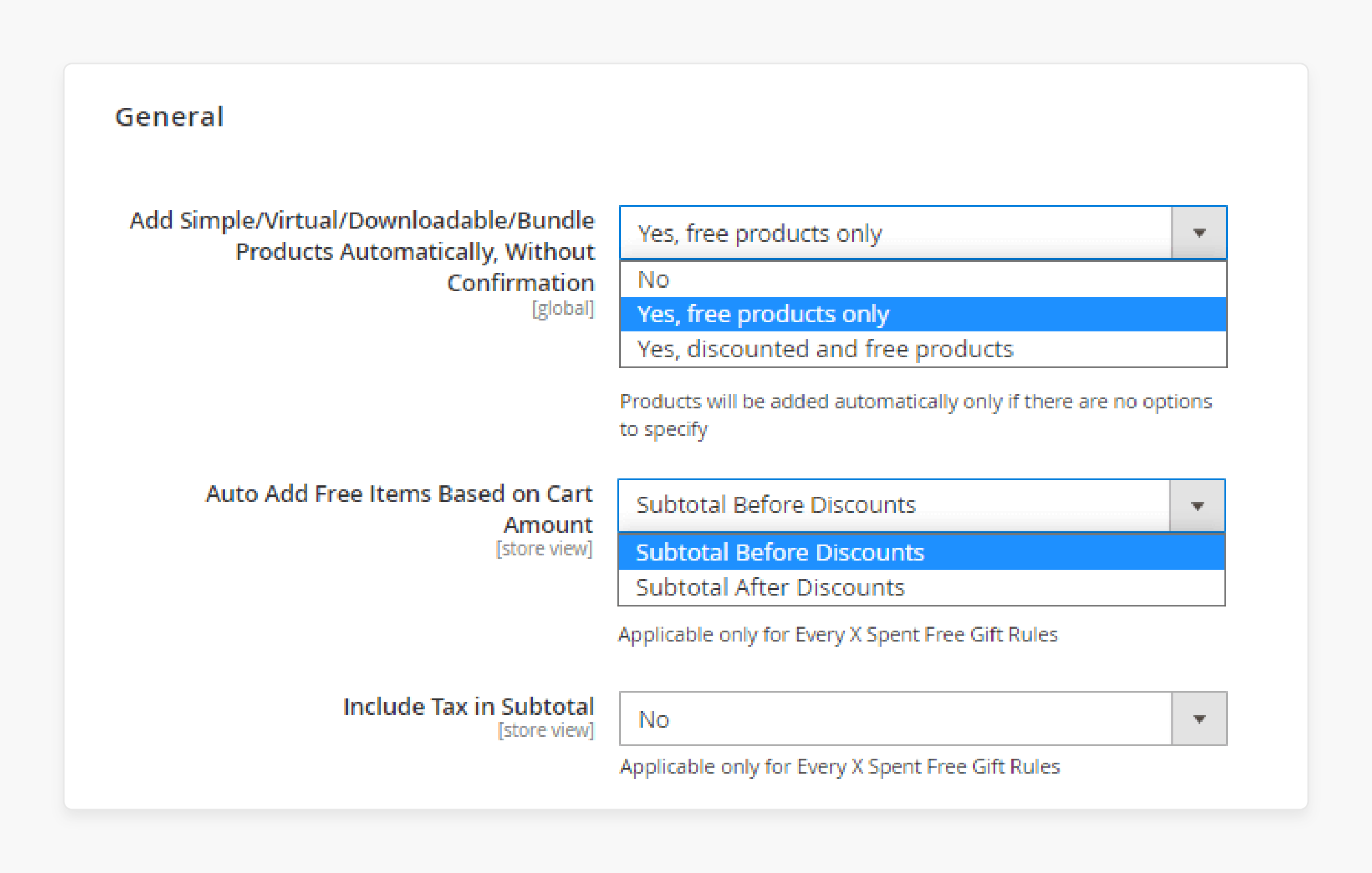 Configuring general settings in Magento 2 Free Gift Extension