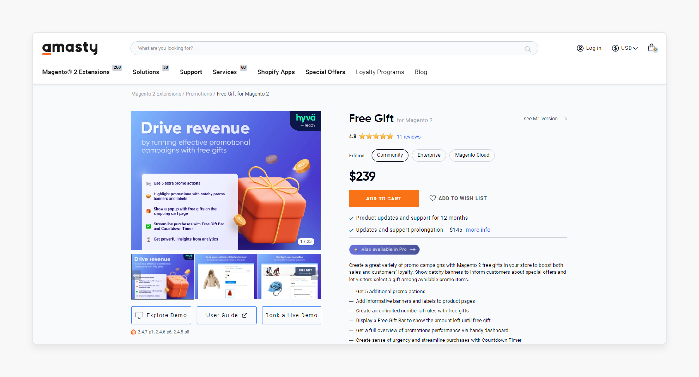 Amasty’s Magento 2 Free Gift Extension features and pricing