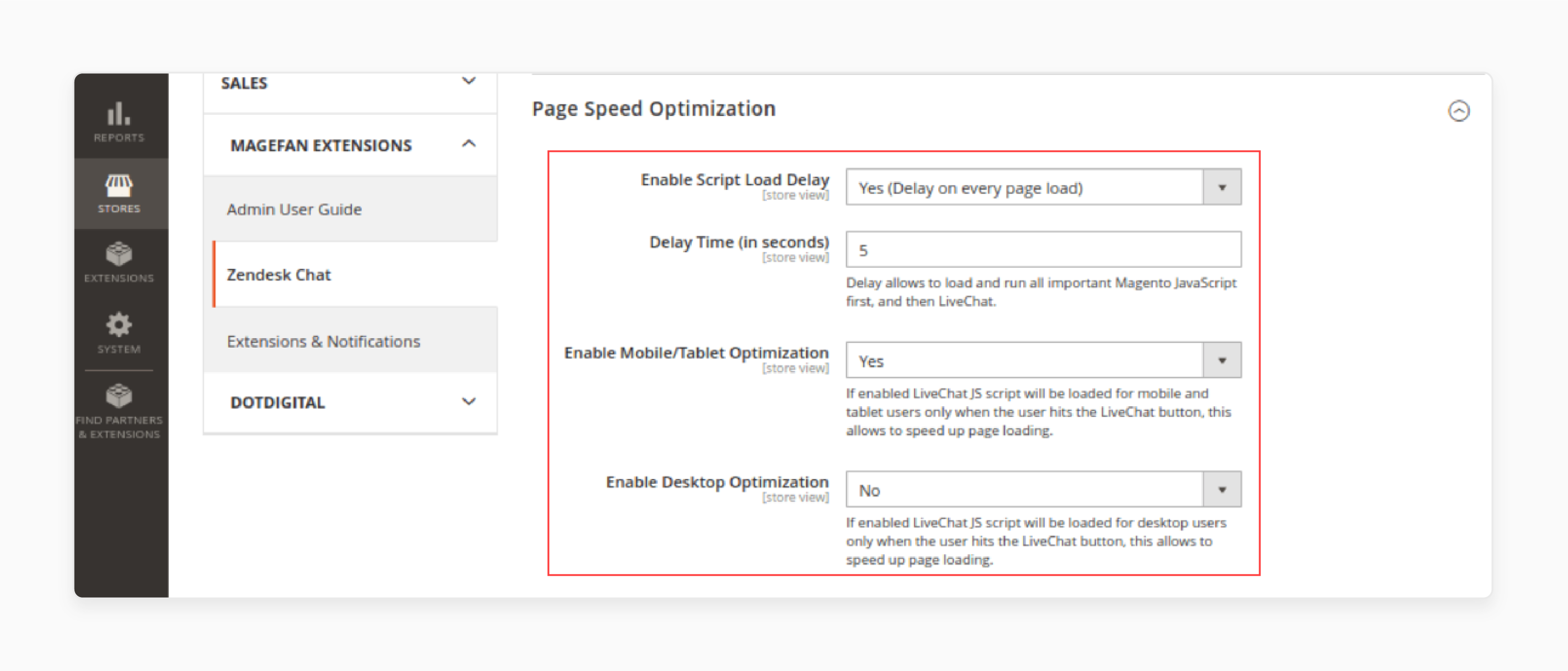 Changing page speed using the Magento addon zendesk extension