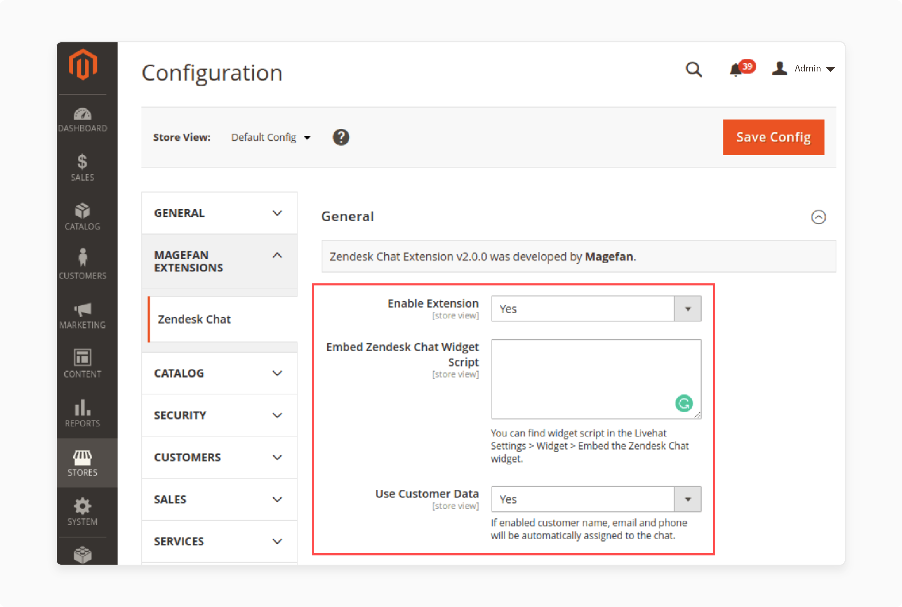 Enabling the Magento addon zendesk extension