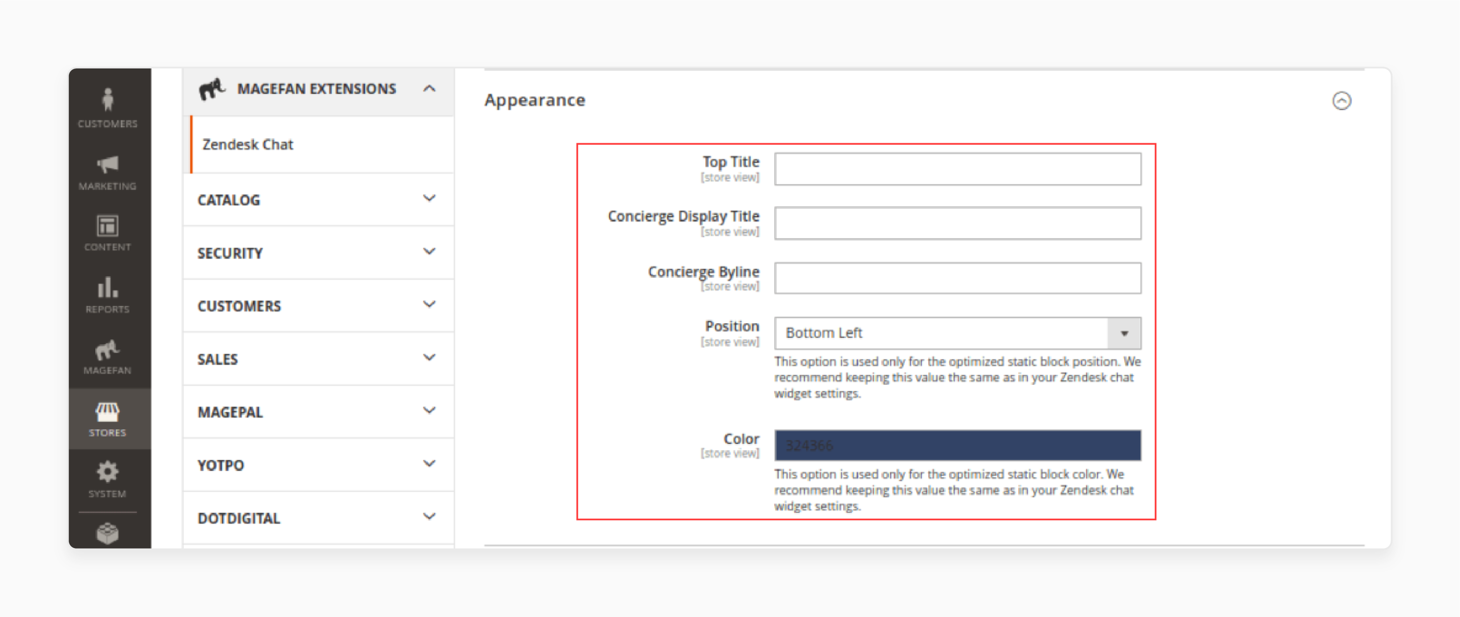 Modifying appearance using the Magento addon zendesk extension