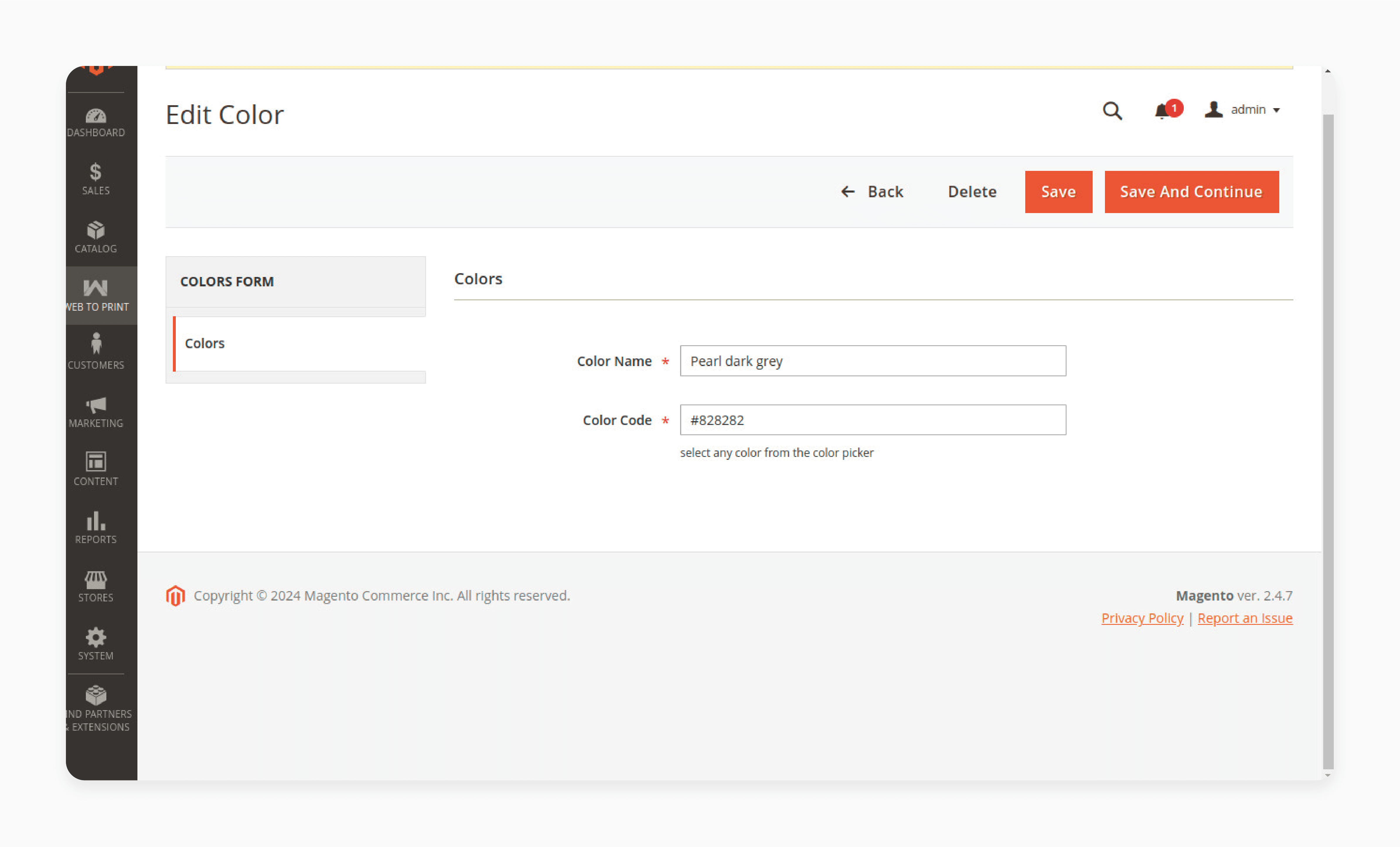 Adding colors in Magento web to print extension settings