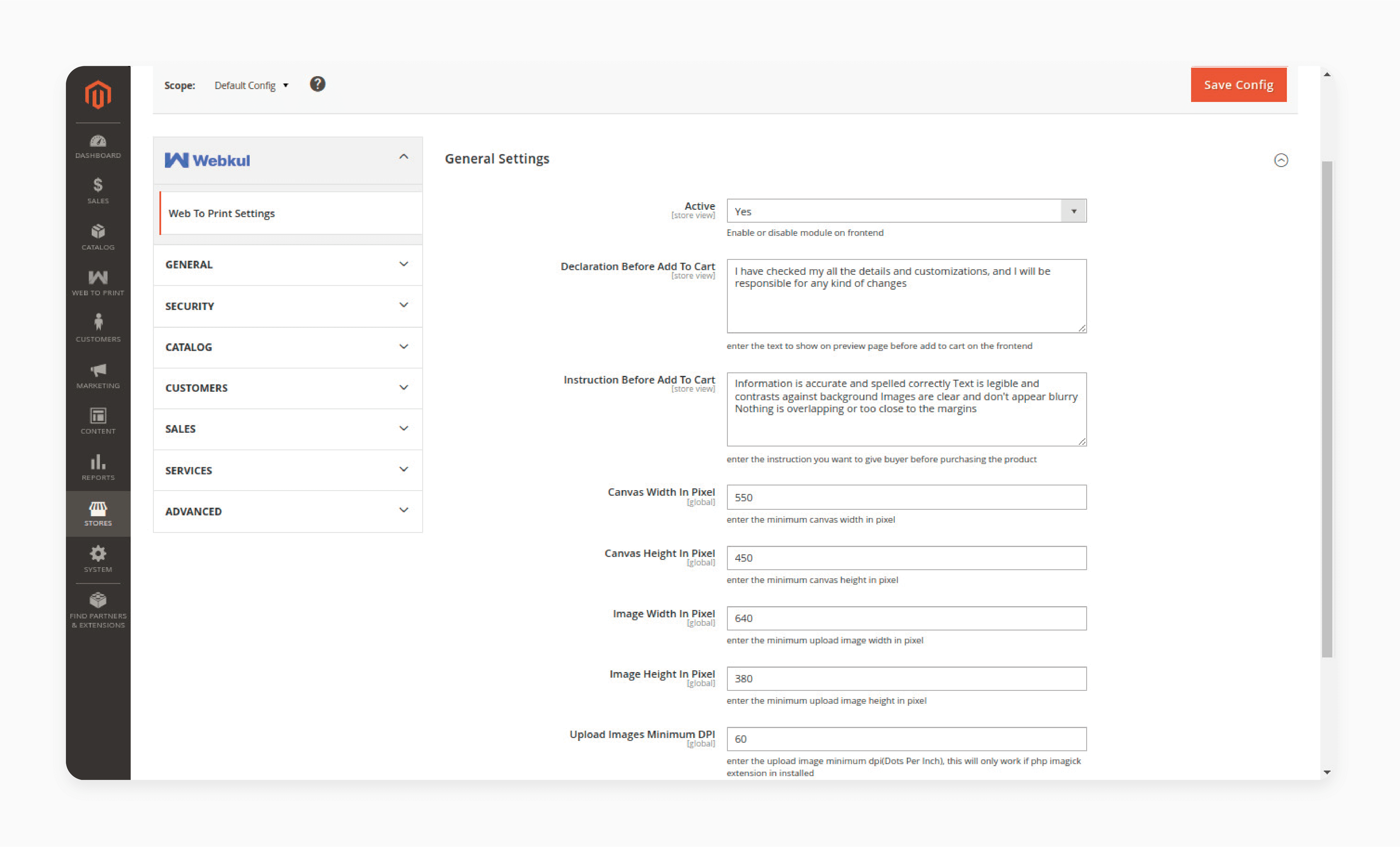 Configure Magento web to print extension settings