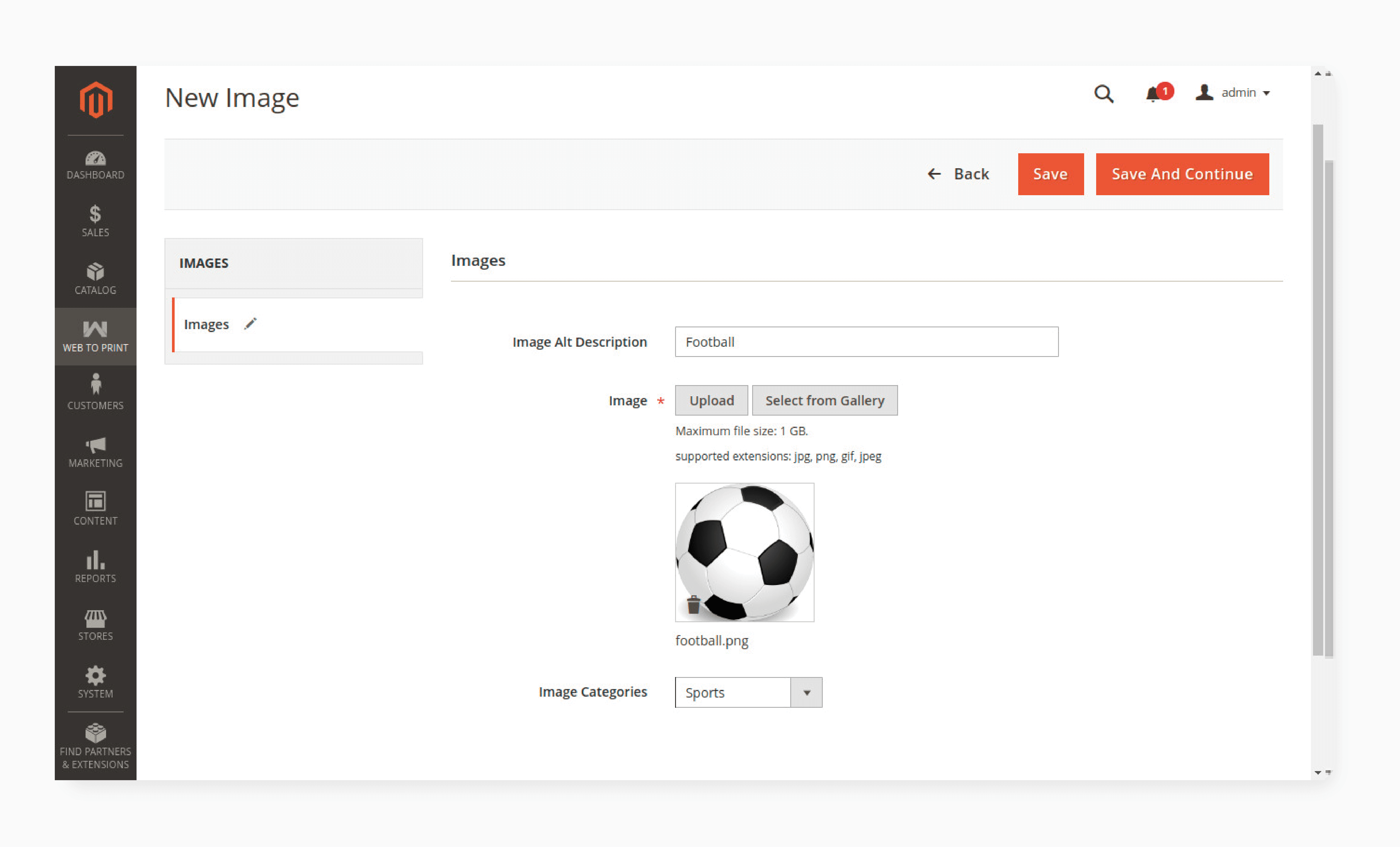 Adding image category in Magento web to print extension settings