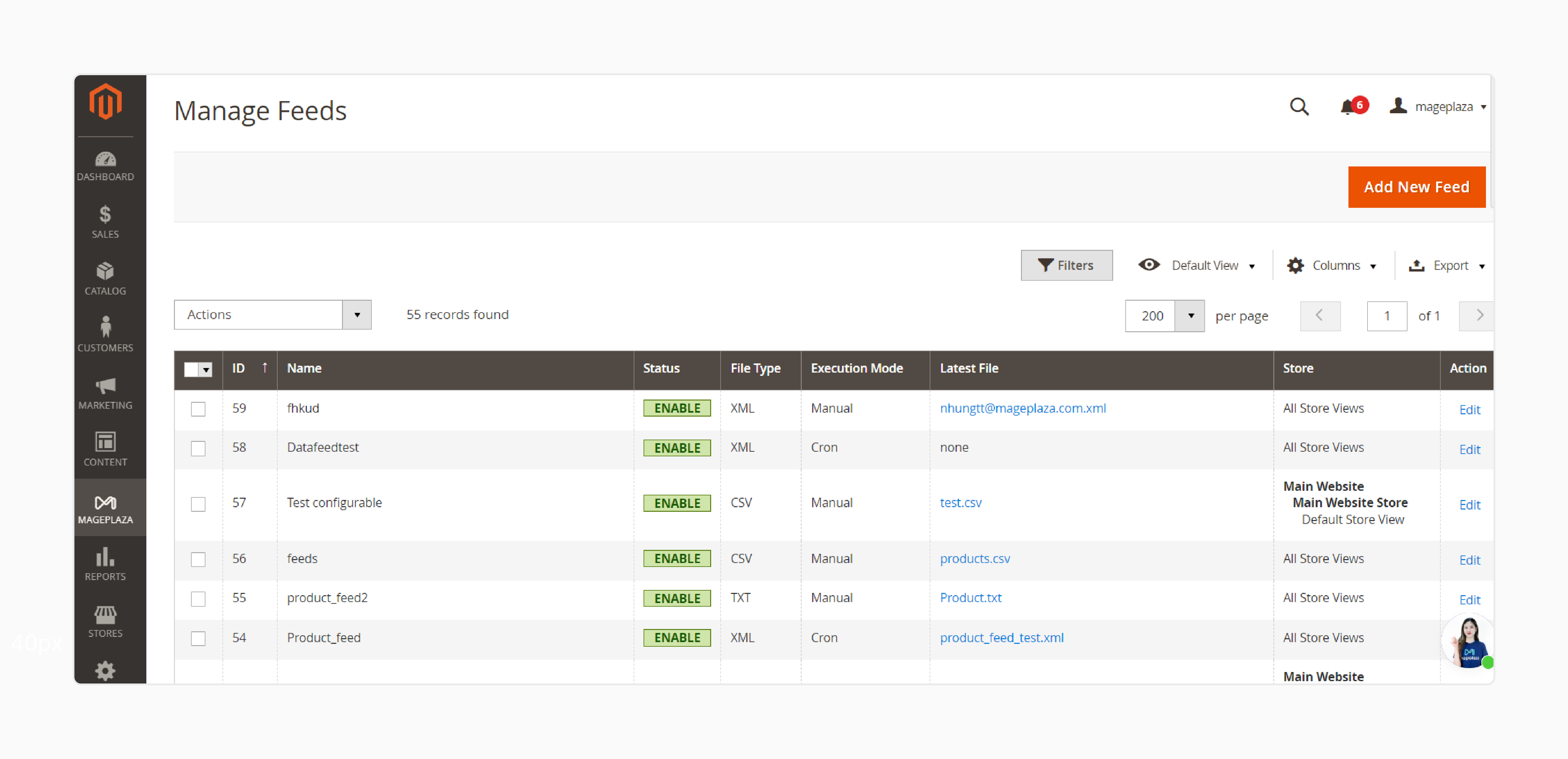 Admin interface for managing Magento product feed via grid view