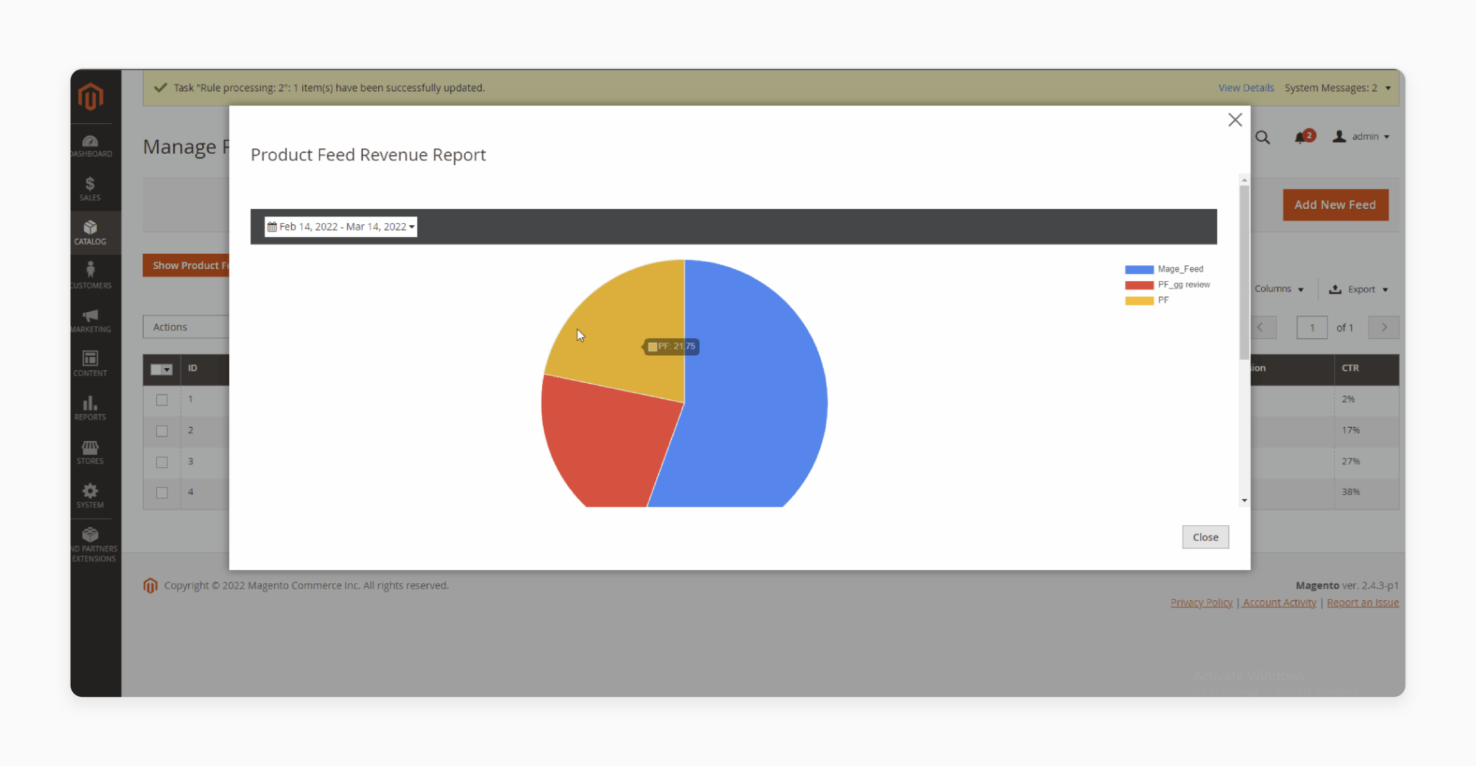 Using reports to manage Magento product feed extension