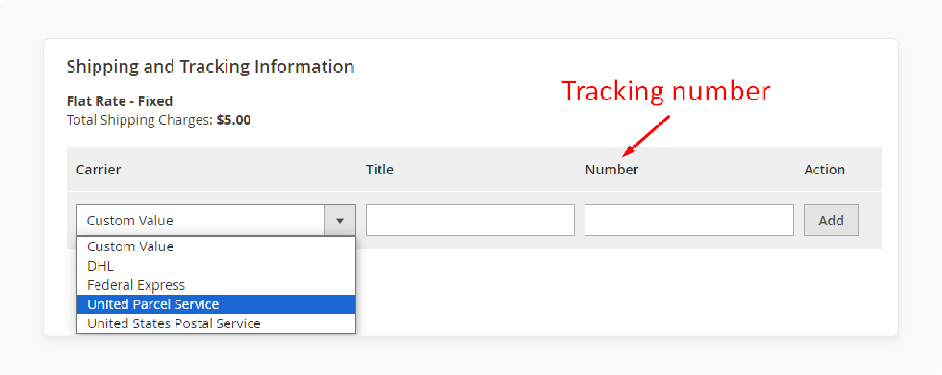 Adding UPS tracking numbers on the Magento shipment creation page