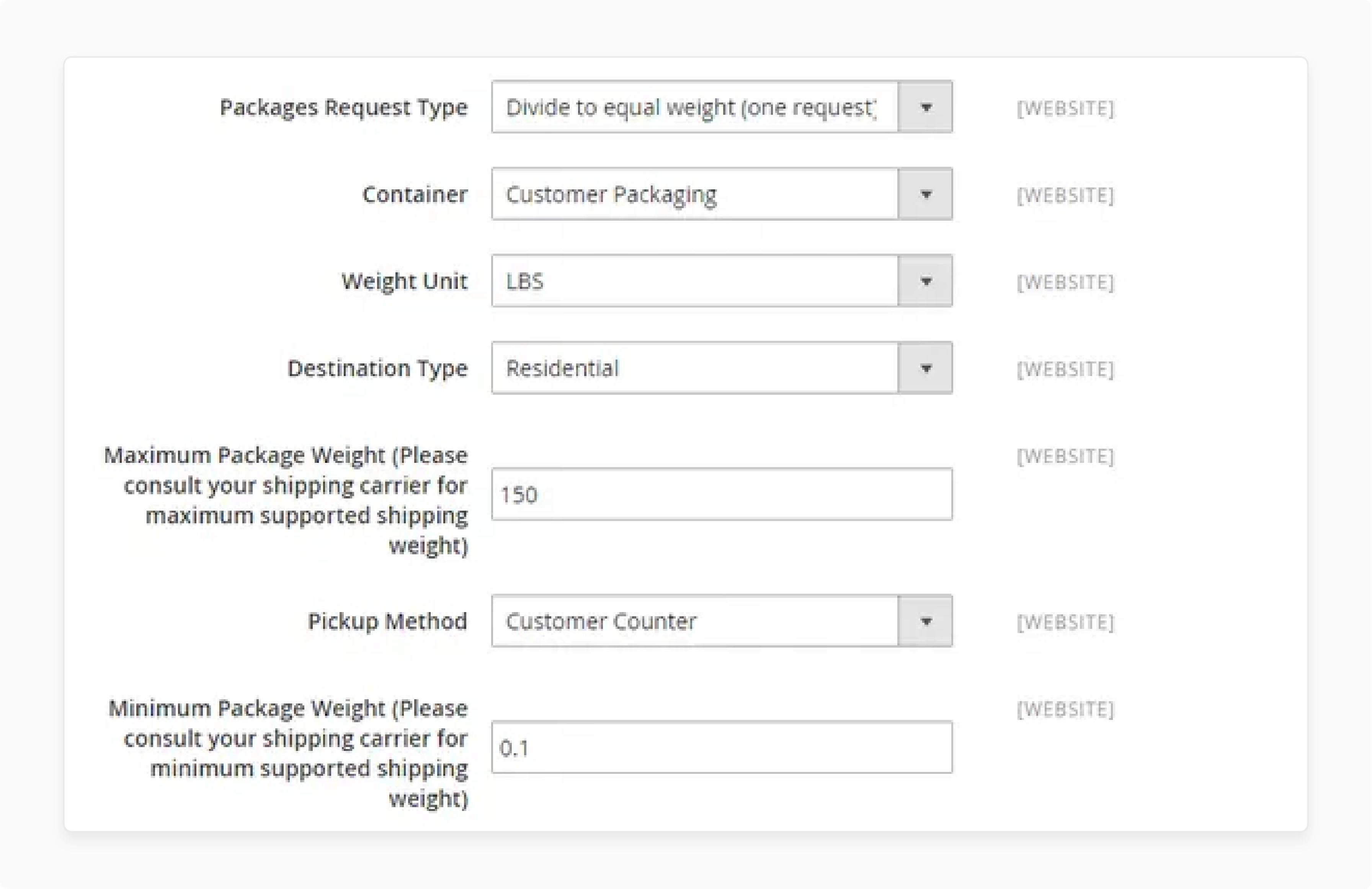 Completing the container description in Magento UPS setup