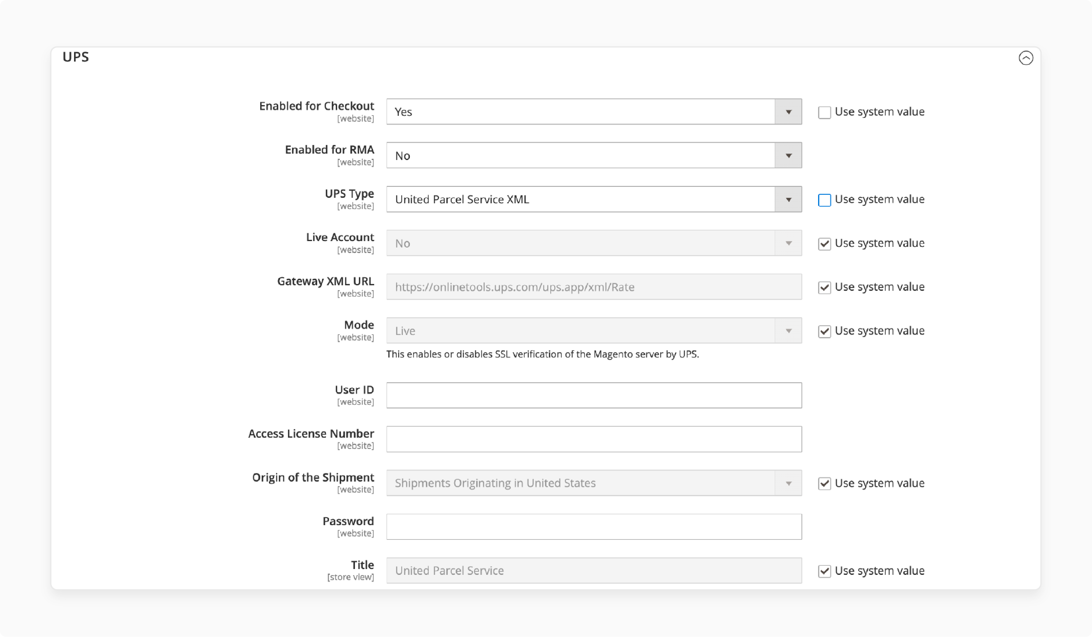 UPS section in Magento configuration settings