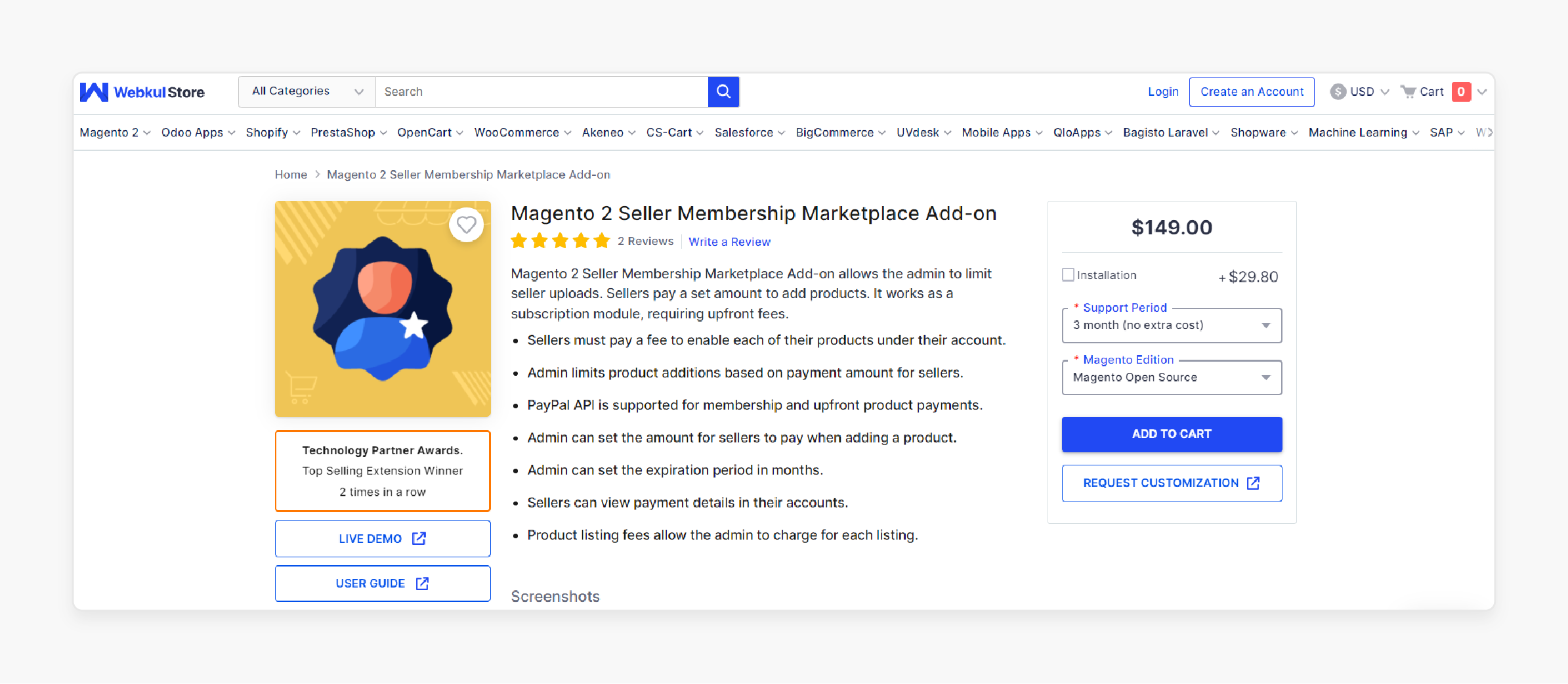 Magento 2 seller membership marketplace add-on extension by Extension