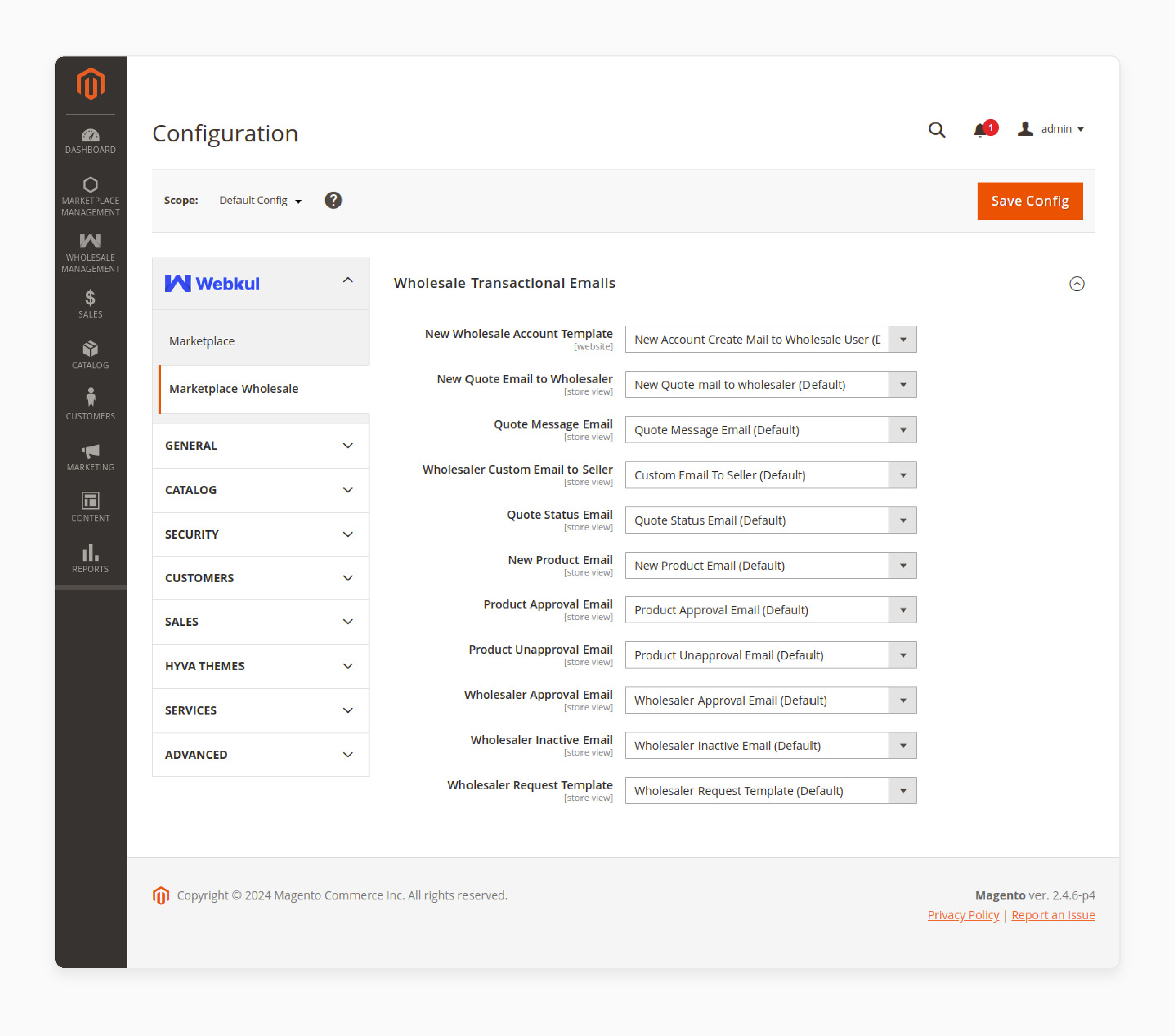 Admin configuration in Magento Wholesale Extension focusing on email templates