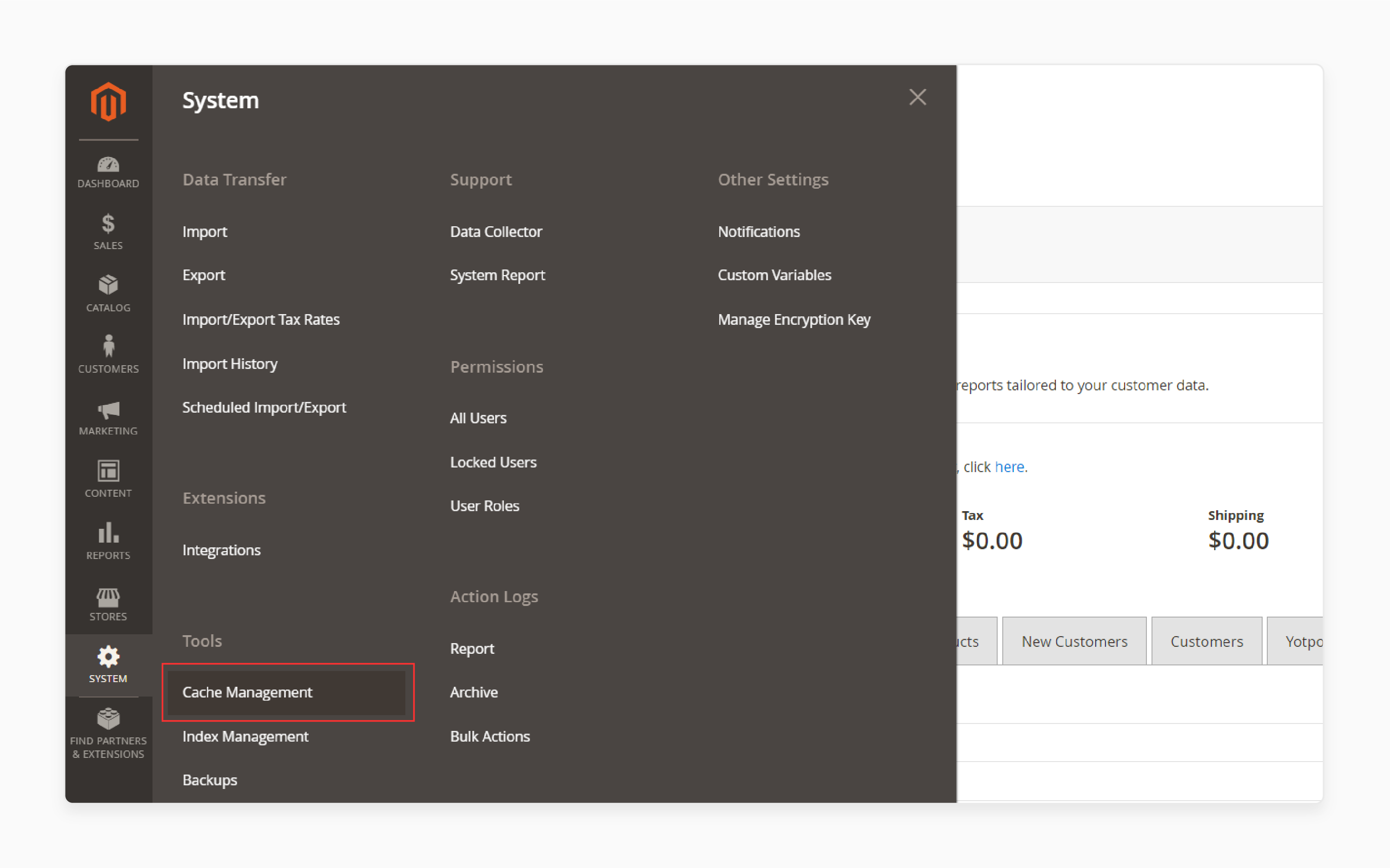 Navigating to Cache Management in Magento 2 admin panel