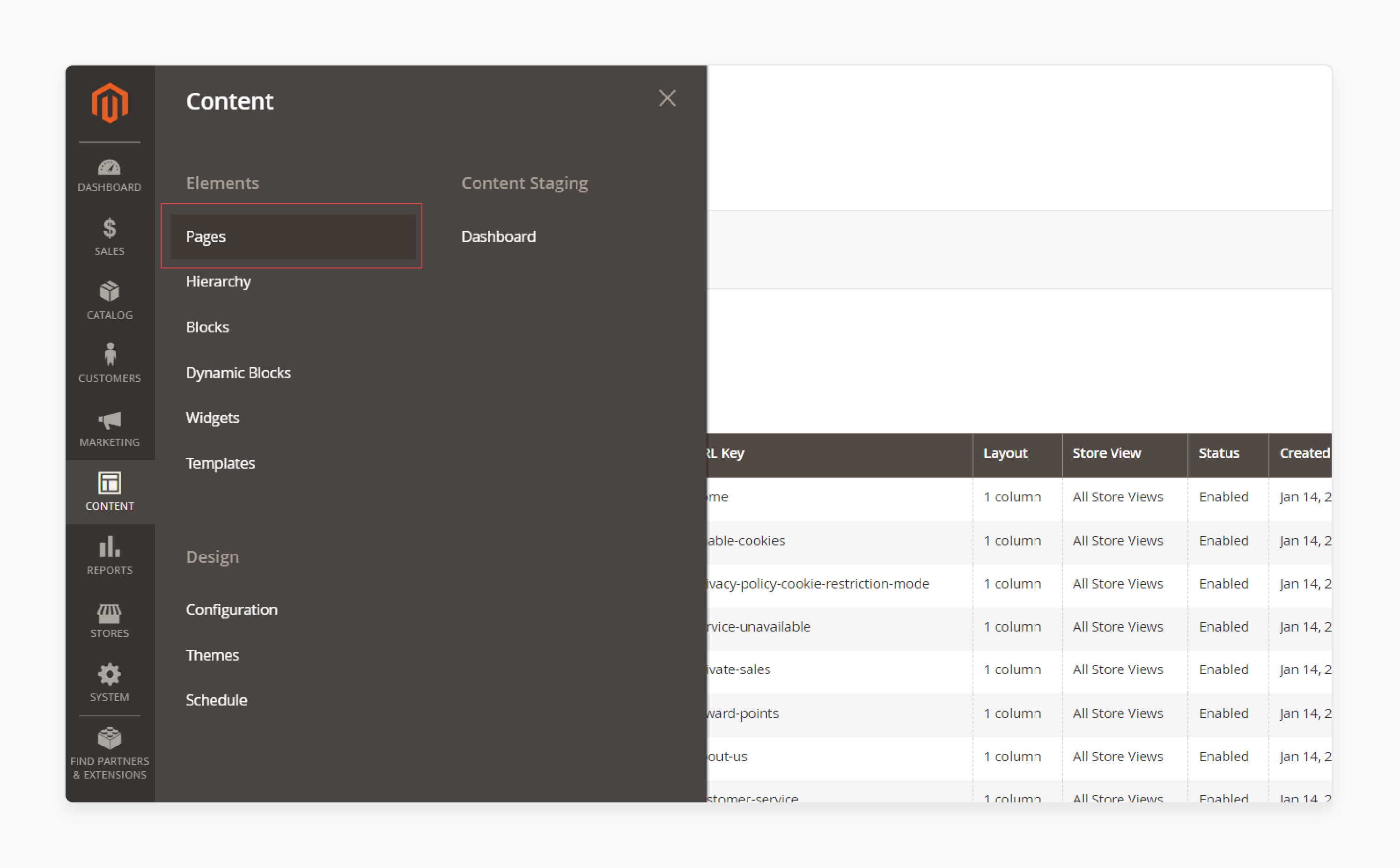 Navigating to Pages section in Magento 2 to preview the widget