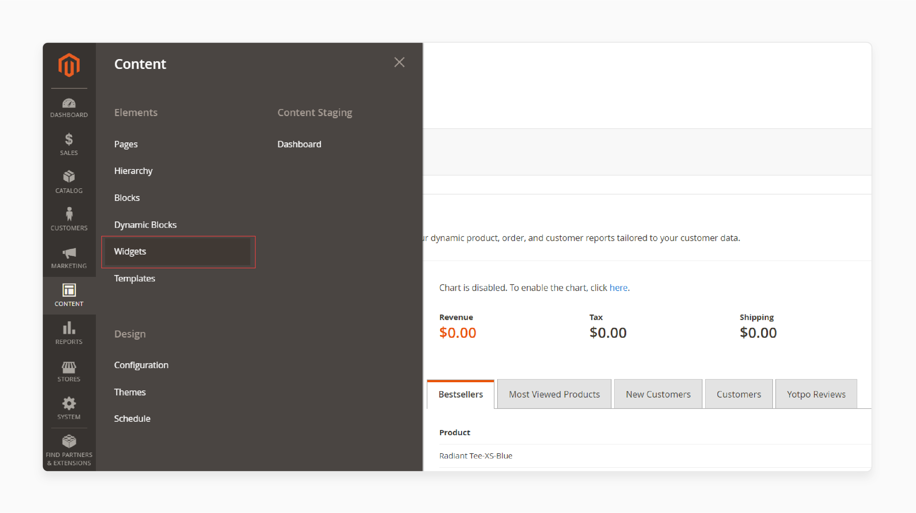 Navigating to Widget Configuration in Magento 2 admin panel