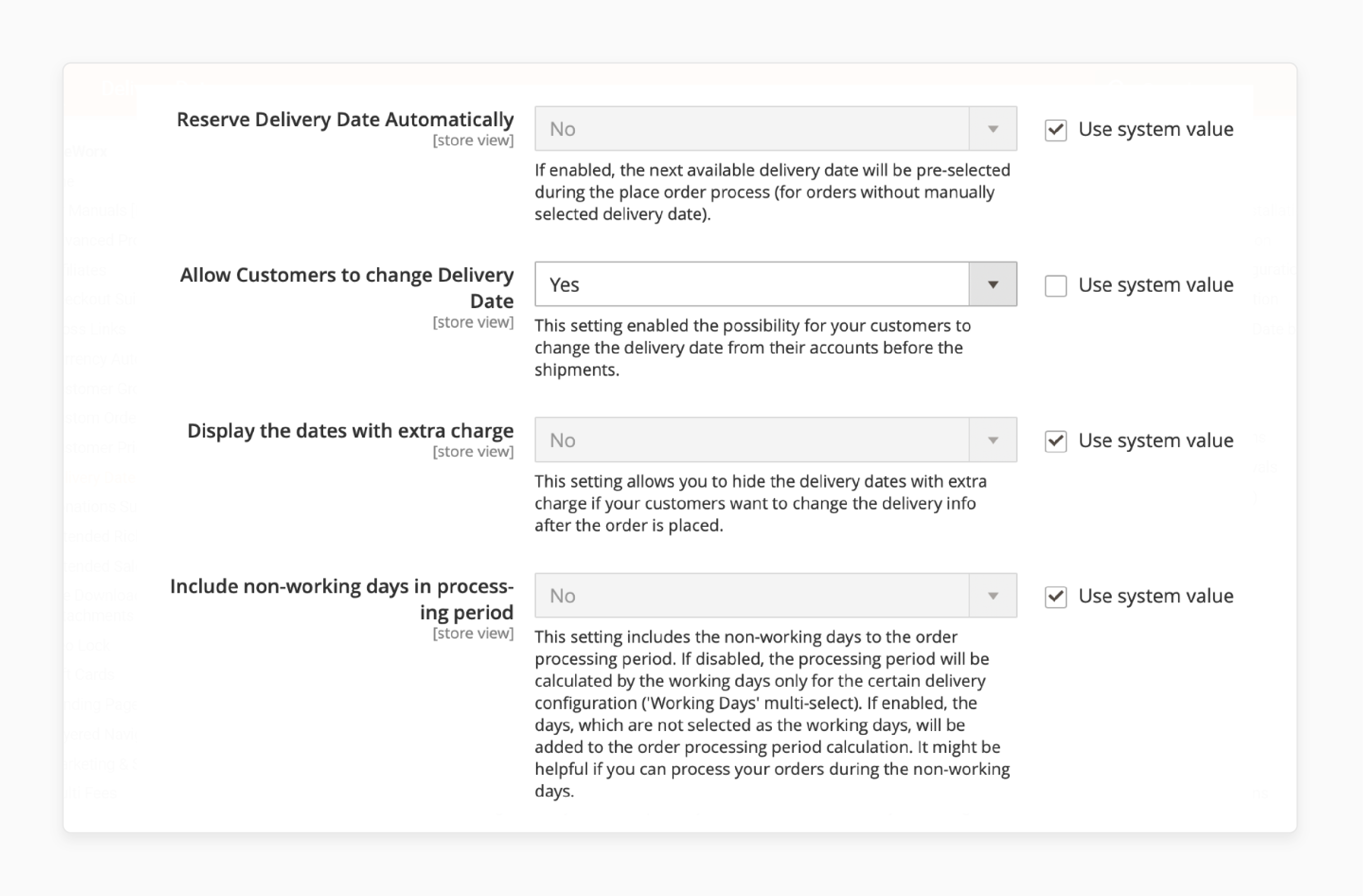 Detailed view of Magento 2 extension configuration for setting delivery dates and options