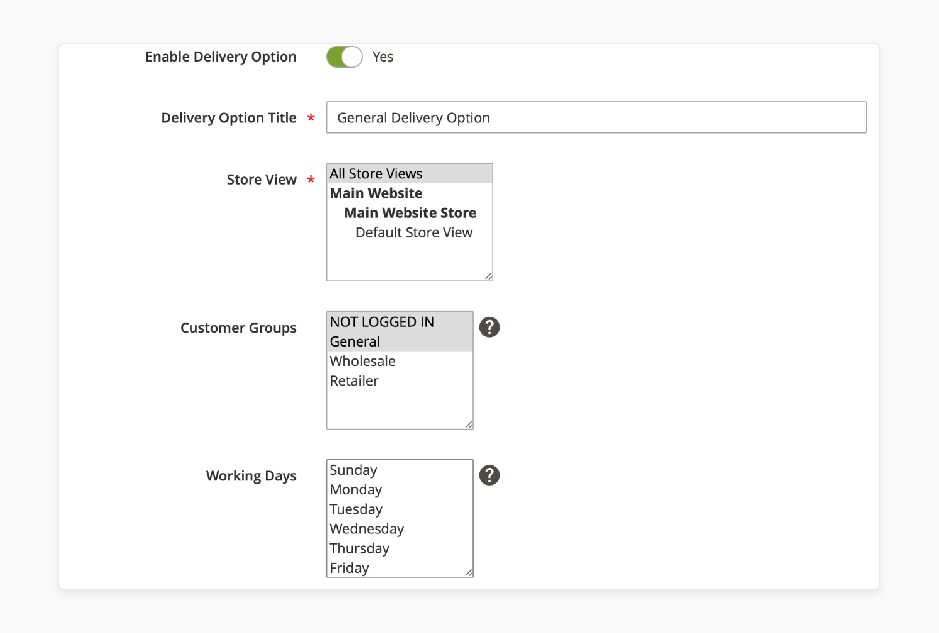 General configuration settings in Magento 2 for managing delivery date options and restrictions